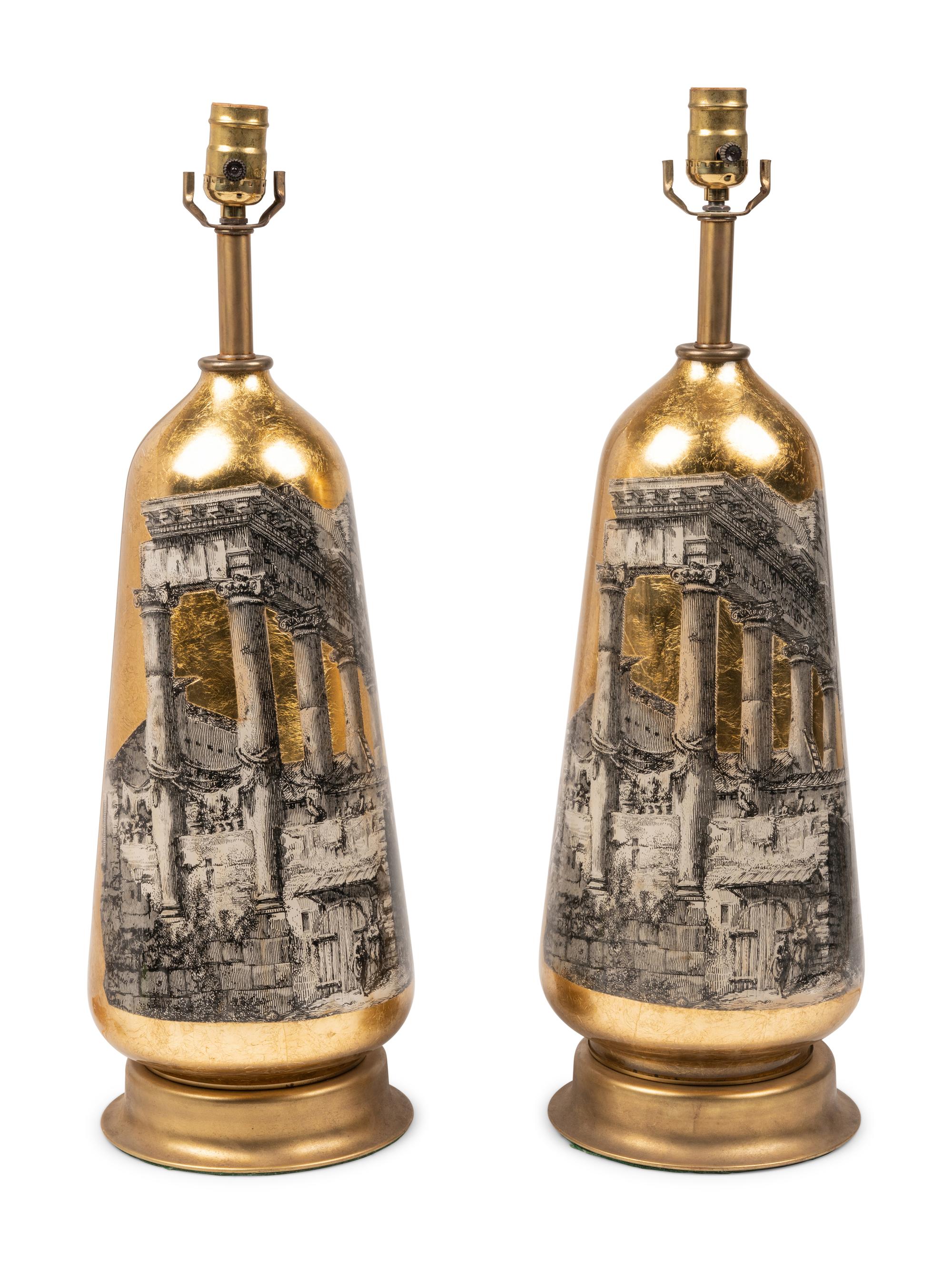 A Pair of Decoupaged Glass Table Lamps in the Style of Fornasetti