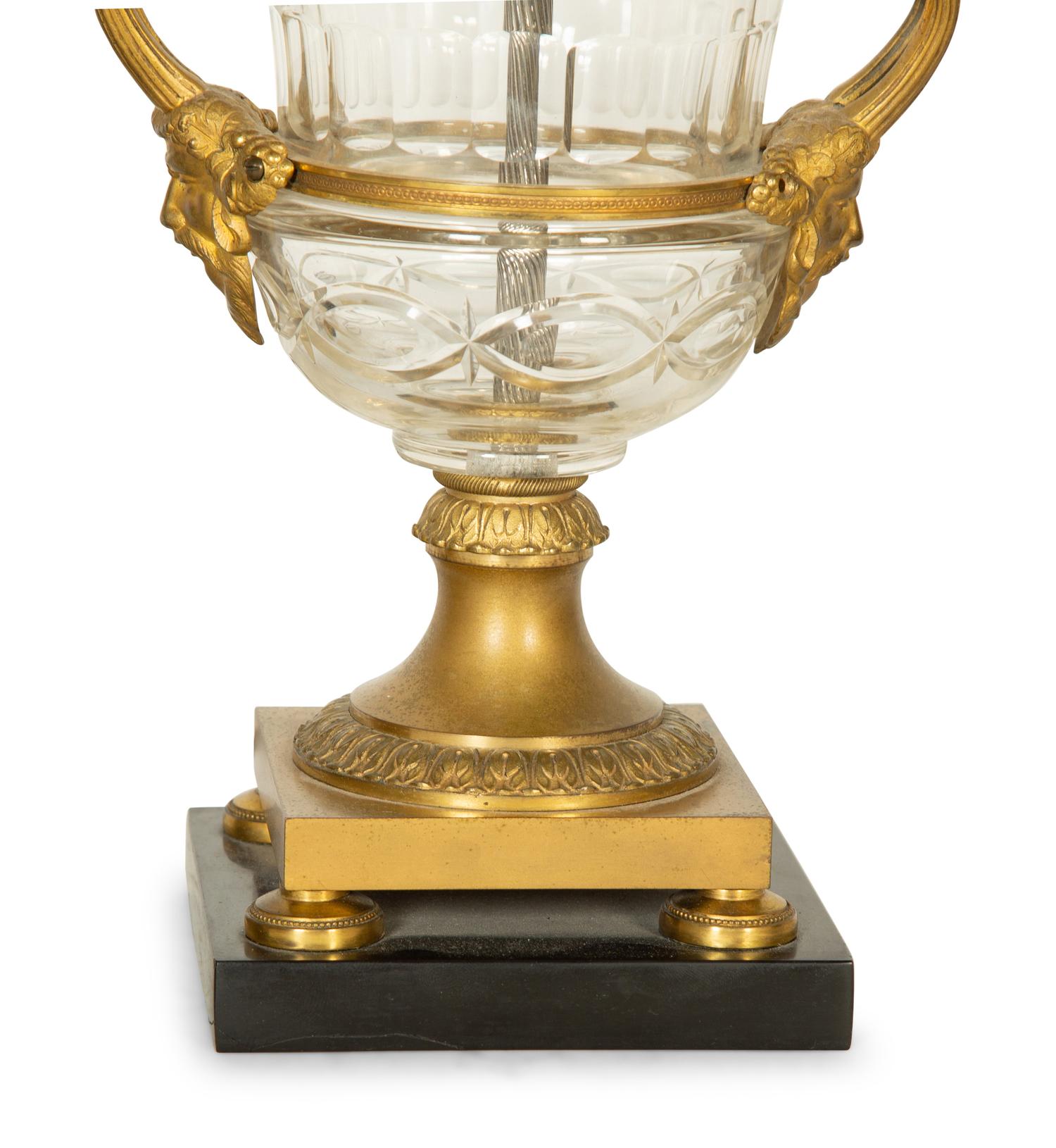 A Pair of Continental Gilt Bronze and Cut Glass Urns Mounted as Lamps