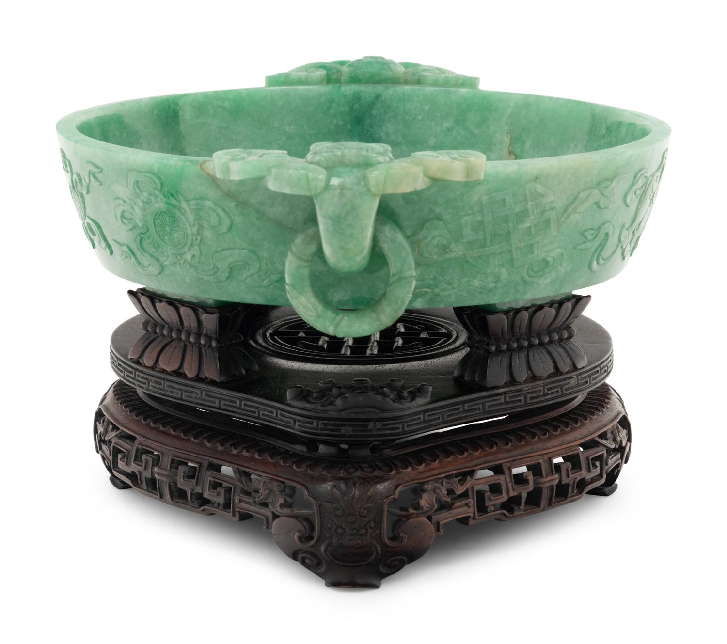 A Mottled Green Jadeite Marriage Bowl