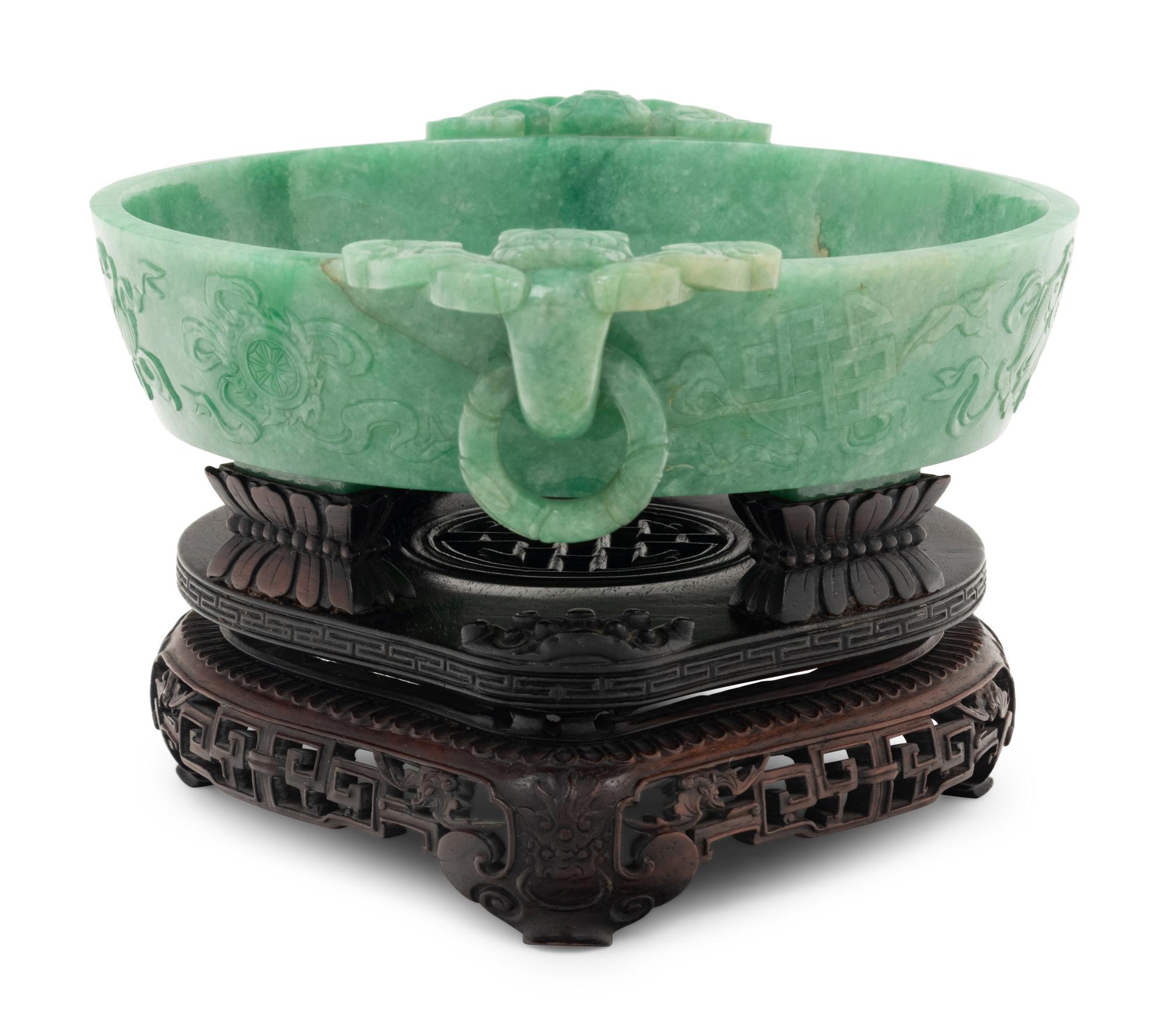 A Mottled Green Jadeite Marriage Bowl