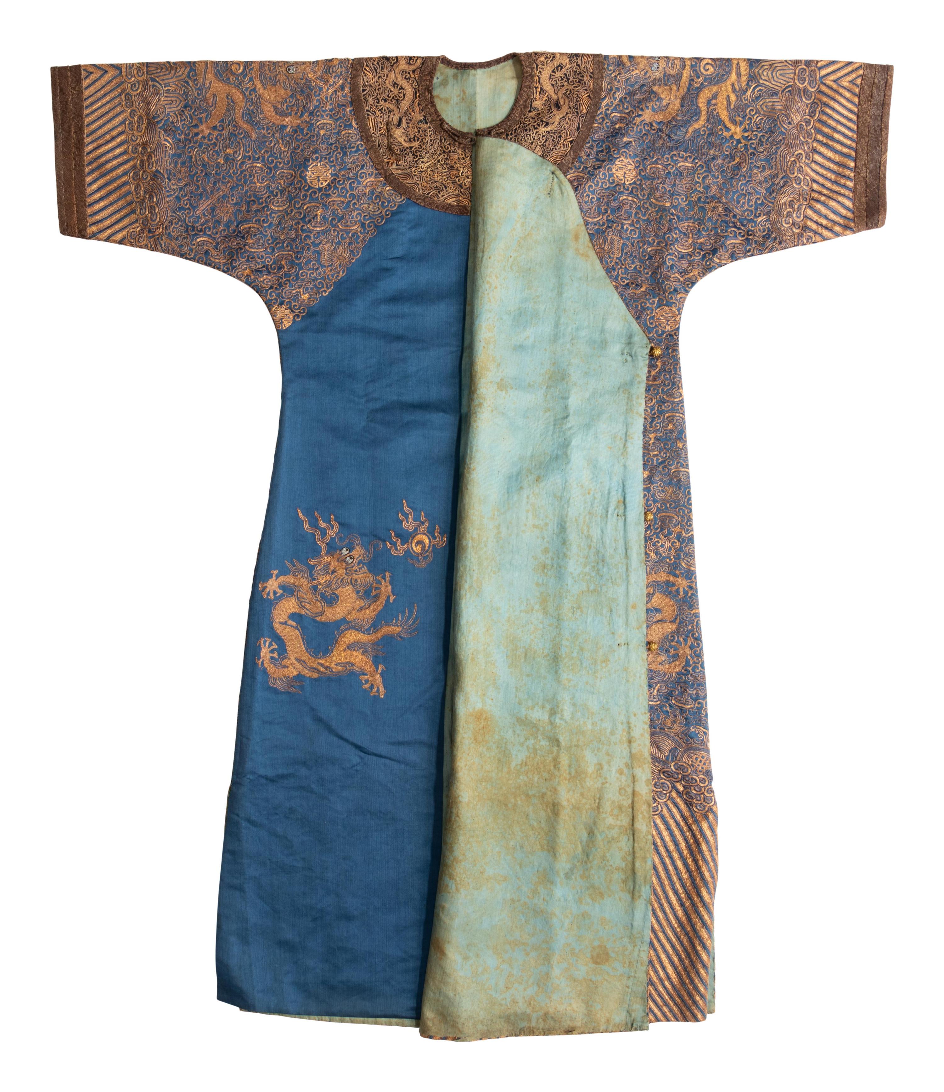 A Chinese Blue-Ground Silk 'Dragon' Robe