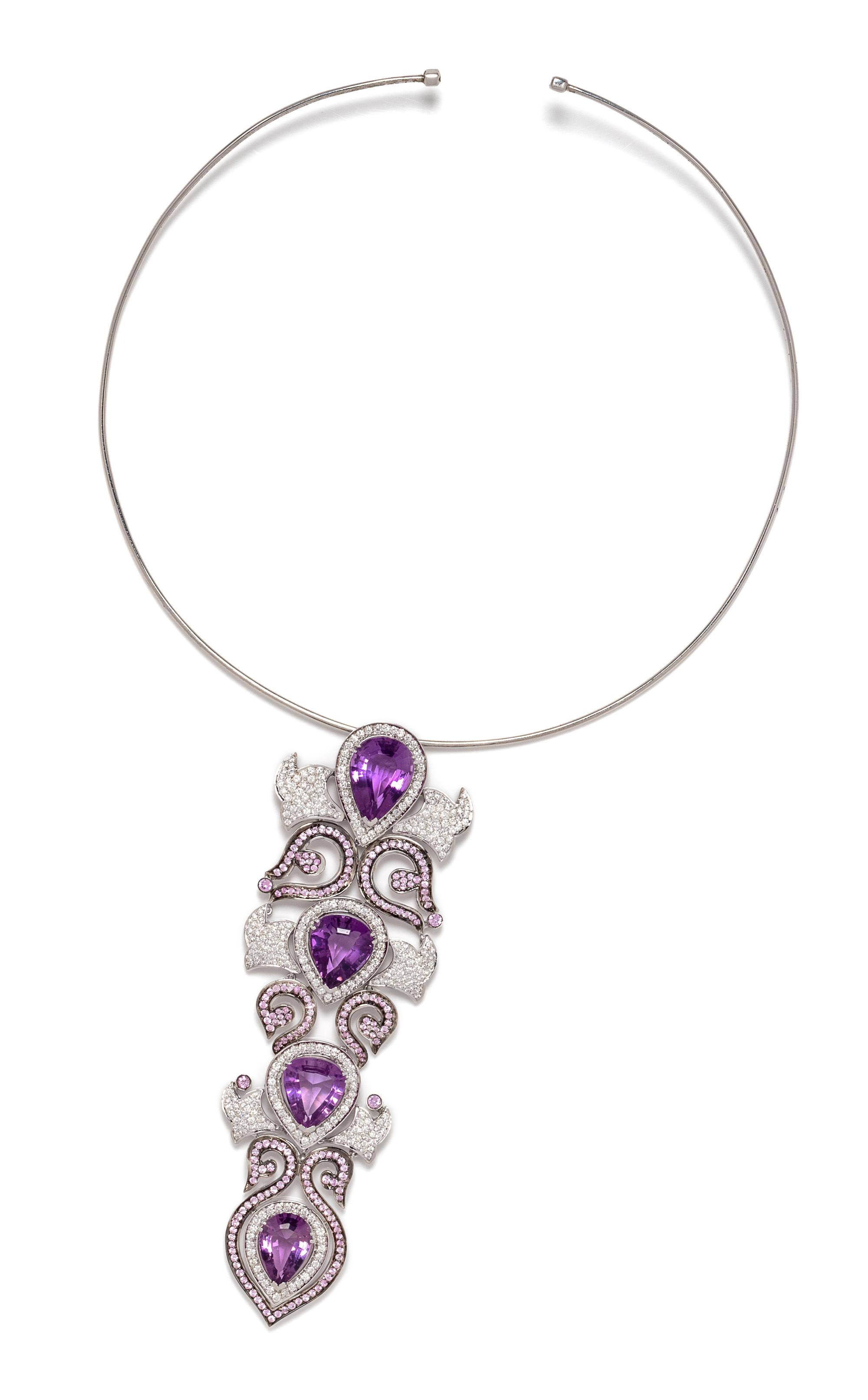 An 18 Karat White Gold, Amethyst, Pink Sapphire and Diamond Collar Pendant Necklace, 36.60 dwts.