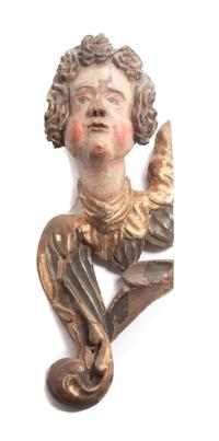 A Painted and Parcel Gilt Carved Wood Mask Height 16 3/4 inches.