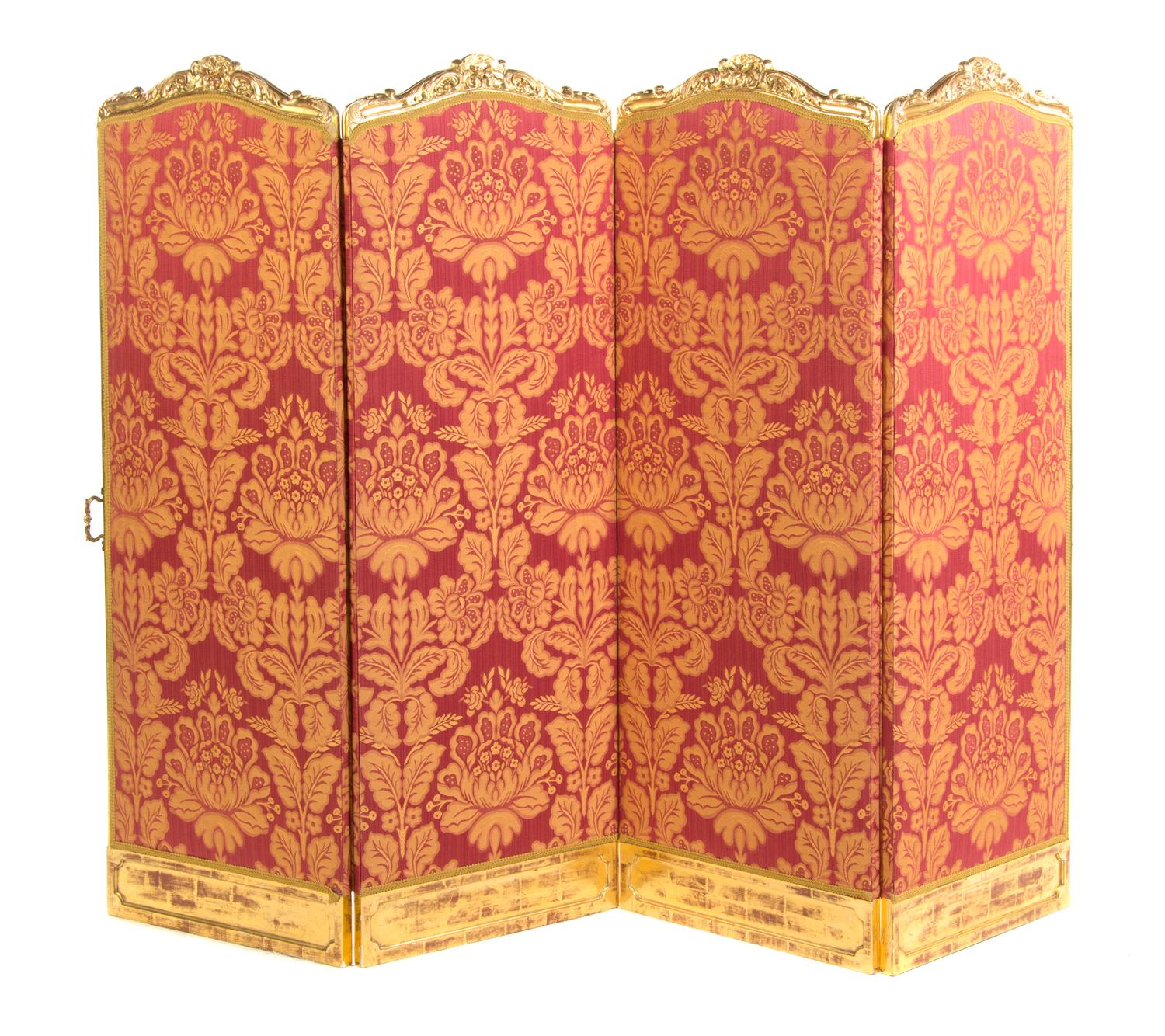 A Louis XV Style Giltwood Four Panel Floor Screen Height 56 x width 20 inches (each panel). — 19TH/20TH CENTURY WITH LATER GILT