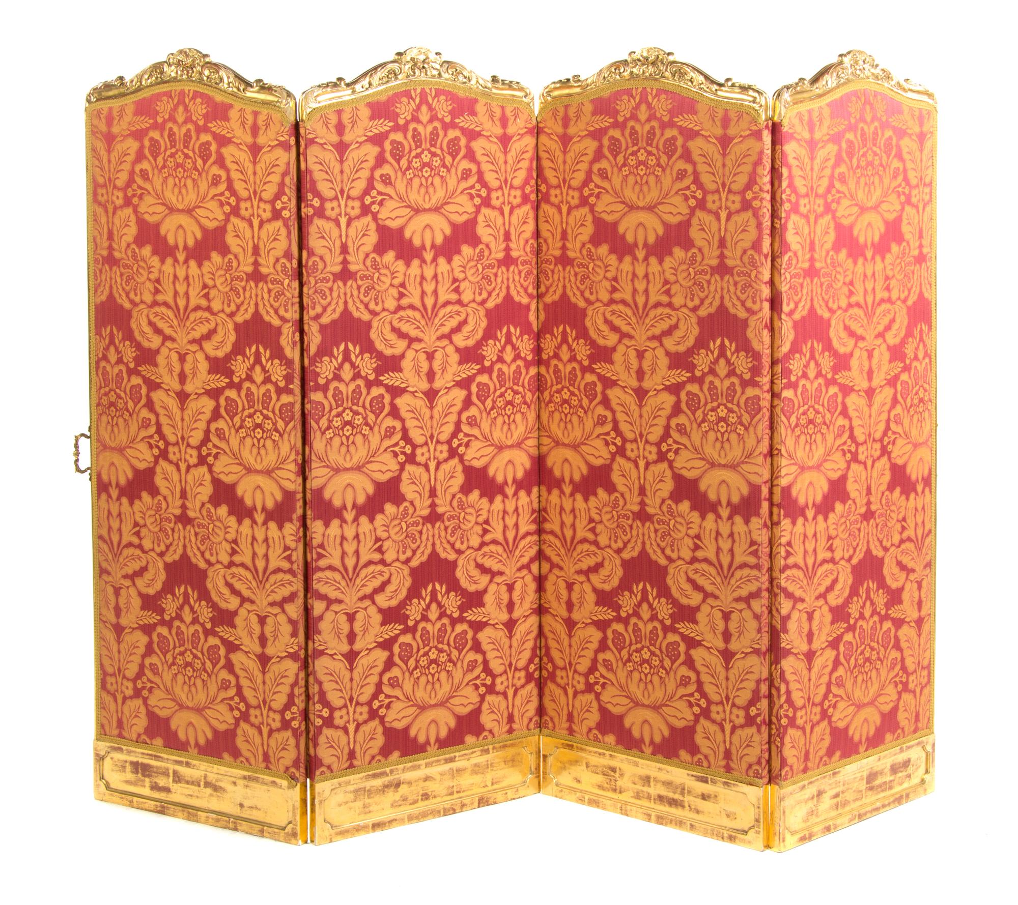 A Louis XV Style Giltwood Four Panel Floor Screen Height 56 x width 20 inches (each panel). — 19TH/20TH CENTURY WITH LATER GILT
