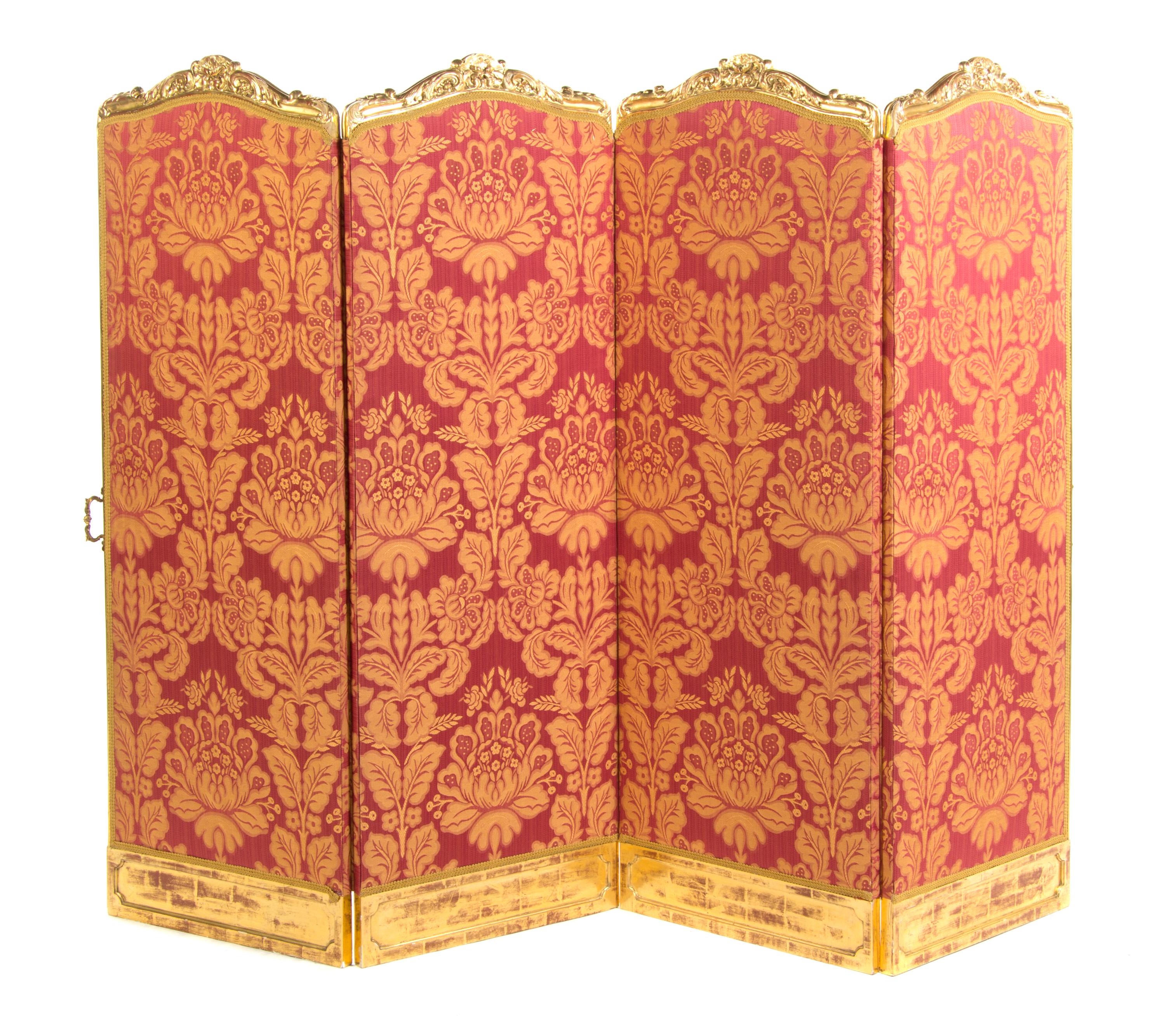 A Louis XV Style Giltwood Four Panel Floor Screen Height 56 x width 20 inches (each panel). — 19TH/20TH CENTURY WITH LATER GILT