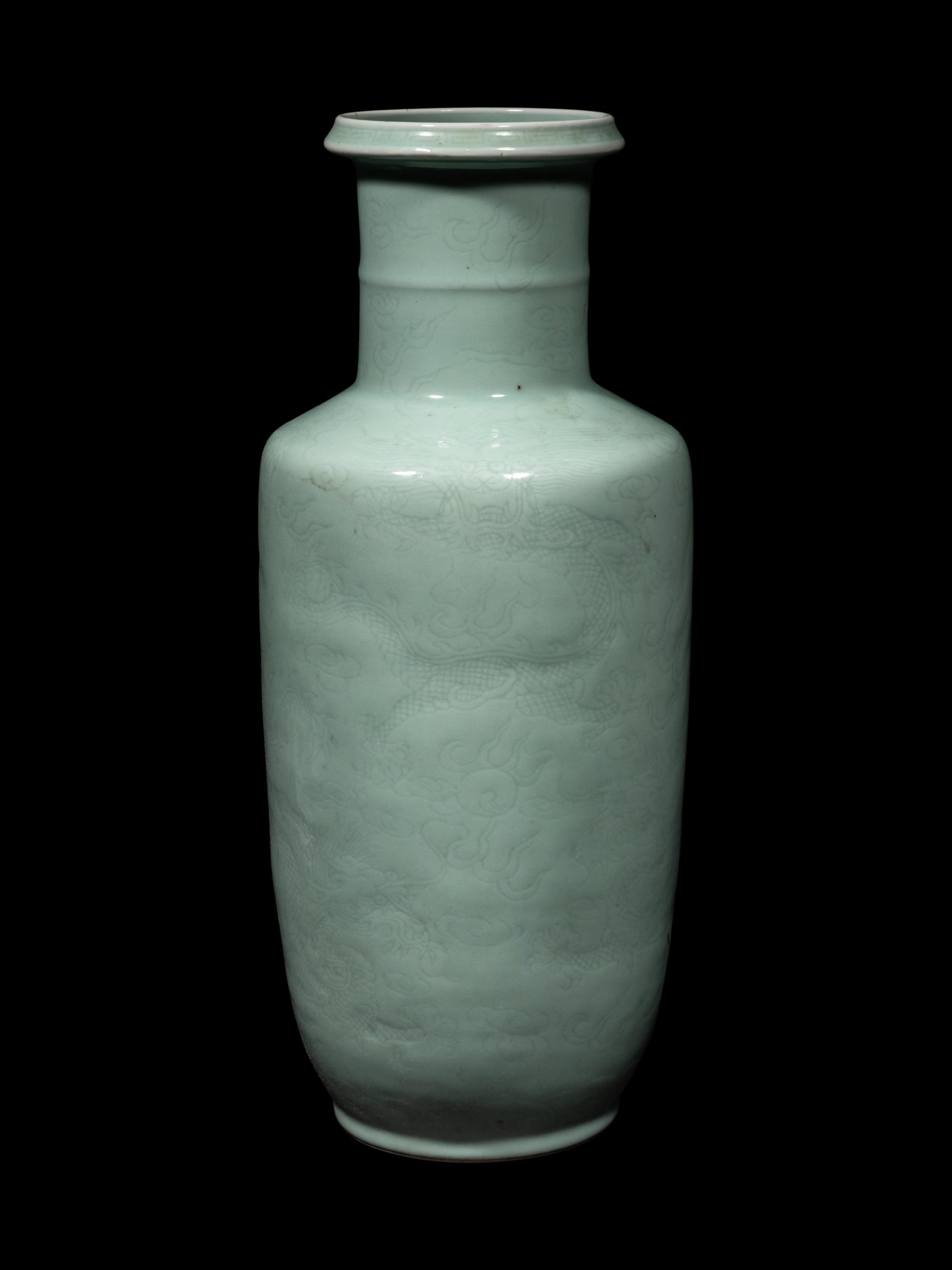 A Pale Celadon Glazed Porcelain Rouleau Vase
