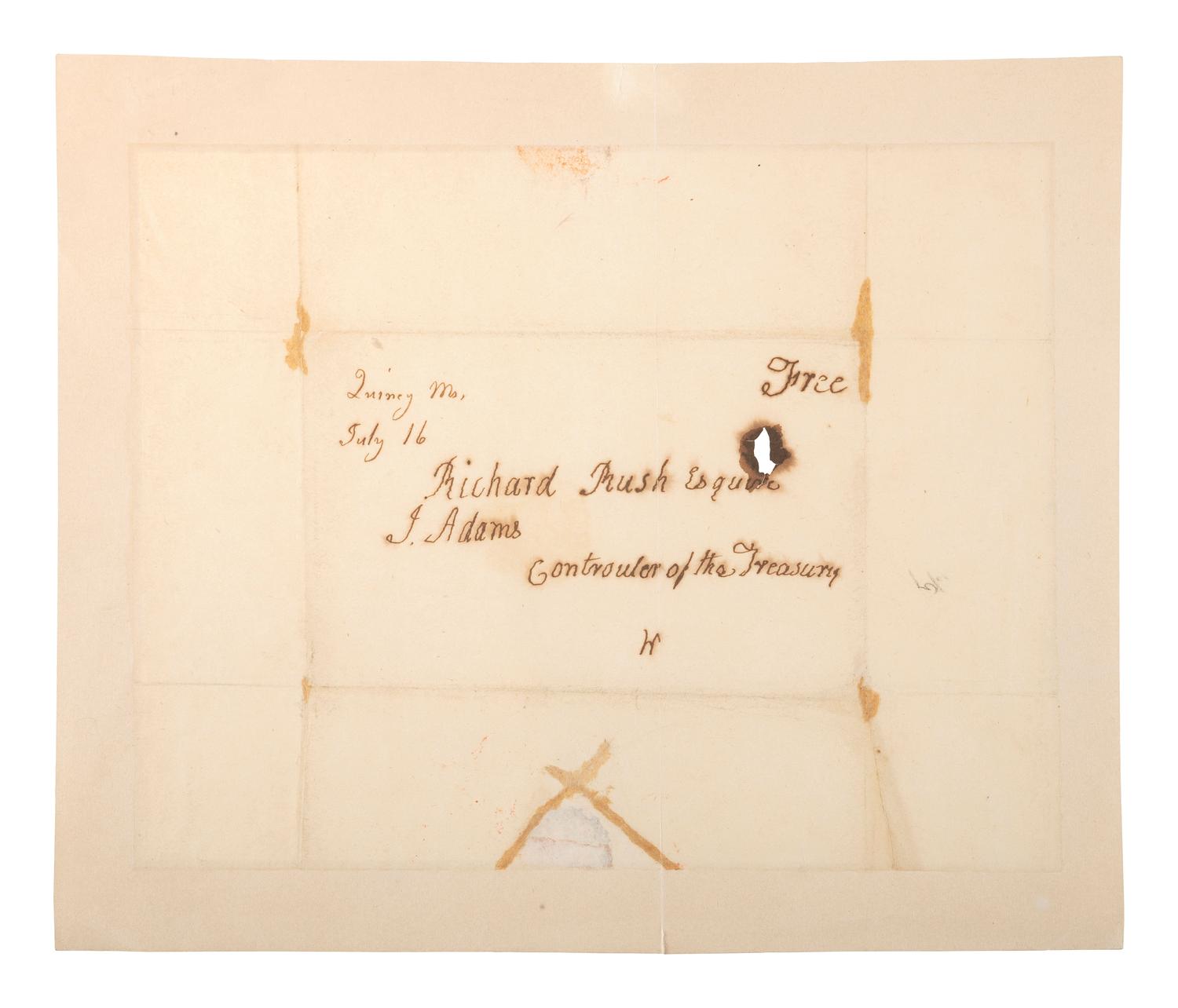 ADAMS, John (1735-1826). Free-franked address panel from an integral leaf ("J. Adams"), to Richard Rush (1780-1859), as Secretary of the Treasury. Quincy, MA, 16 July [1825]. 1 page, 215 x 176 mm, old repairs which have toned, mounted.