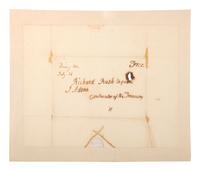 ADAMS, John (1735-1826). Free-franked address panel from an integral leaf ("J. Adams"), to Richard Rush (1780-1859), as Secretary of the Treasury. Quincy, MA, 16 July [1825]. 1 page, 215 x 176 mm, old repairs which have toned, mounted.