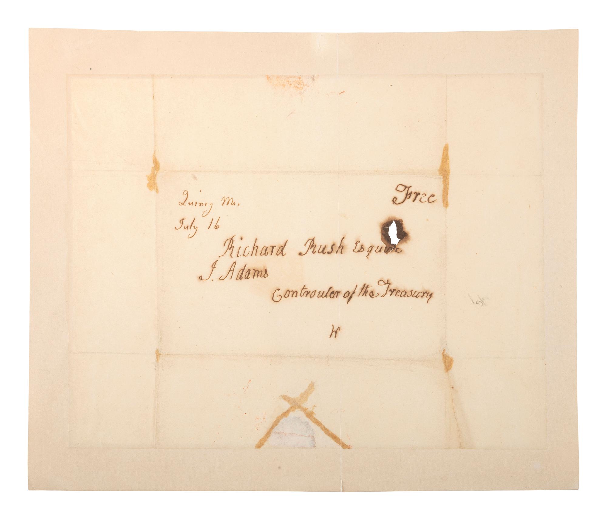 ADAMS, John (1735-1826). Free-franked address panel from an integral leaf ("J. Adams"), to Richard Rush (1780-1859), as Secretary of the Treasury. Quincy, MA, 16 July [1825]. 1 page, 215 x 176 mm, old repairs which have toned, mounted.