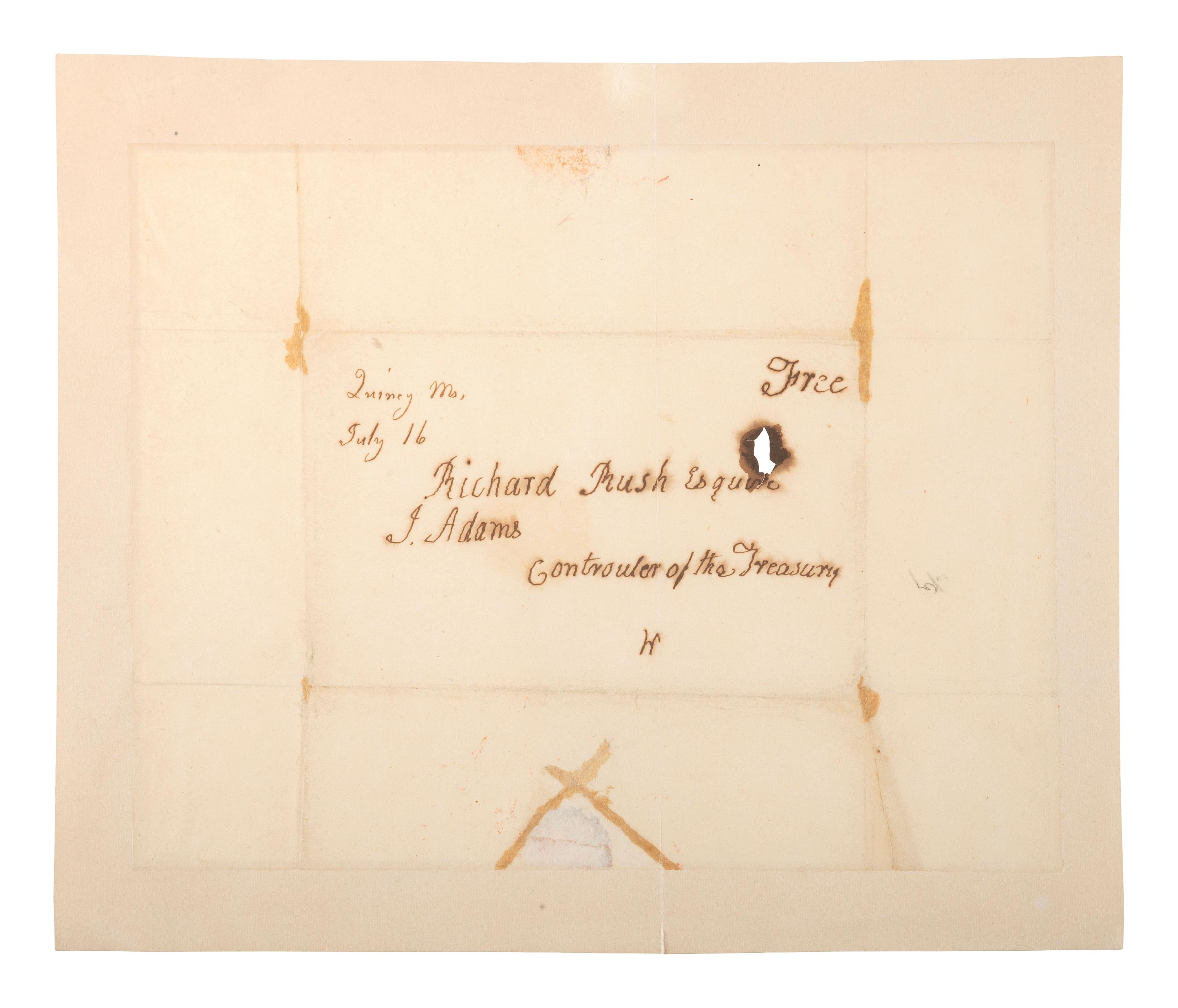 ADAMS, John (1735-1826). Free-franked address panel from an integral leaf ("J. Adams"), to Richard Rush (1780-1859), as Secretary of the Treasury. Quincy, MA, 16 July [1825]. 1 page, 215 x 176 mm, old repairs which have toned, mounted.