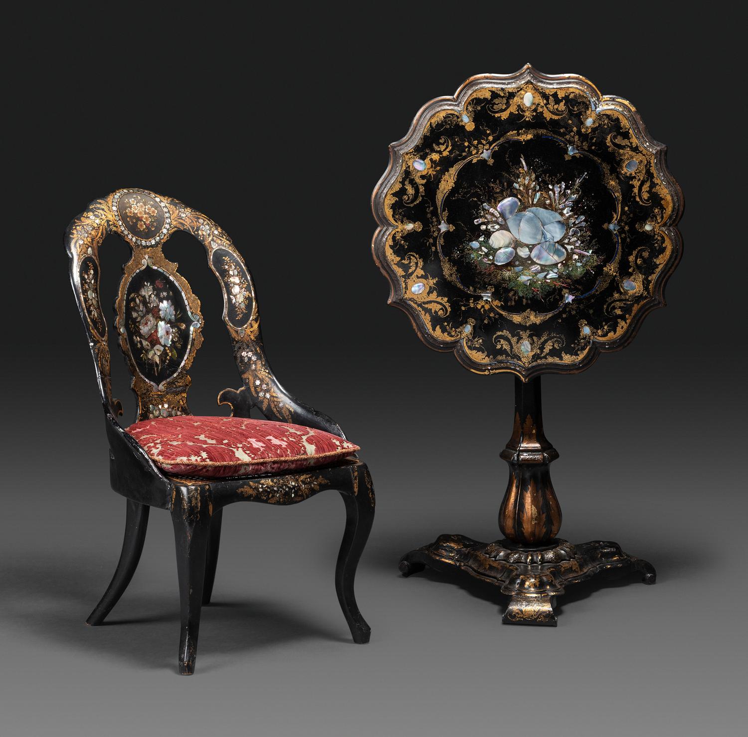 A Victorian Parcel-Gilt and Black Lacquered Mother-of-Pearl Inlaid Side Table and Side Chair