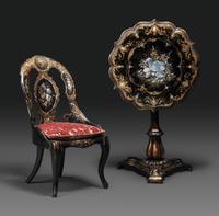 A Victorian Parcel-Gilt and Black Lacquered Mother-of-Pearl Inlaid Side Table and Side Chair