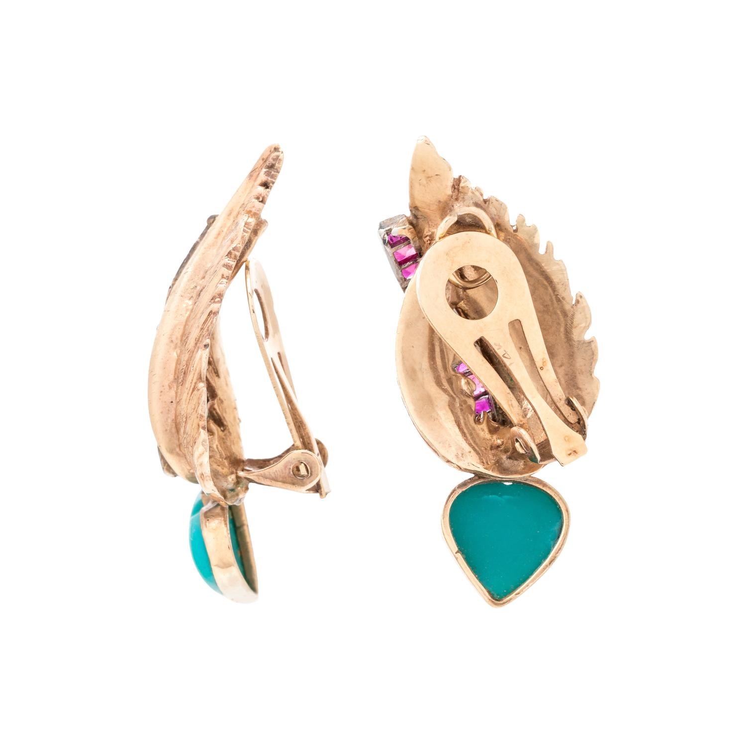 YELLOW GOLD, TURQUOISE, RUBY AND DIAMOND EARCLIPS