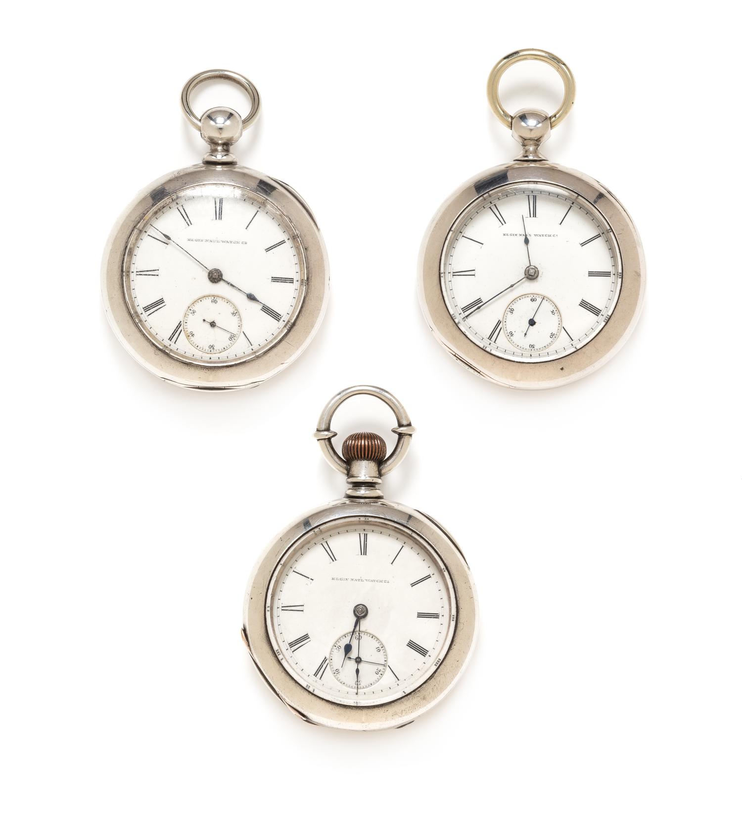 A Collection of Coin Silver Open Face Pocket Watches, Elgin, Circa 1882 and 1883, 348.80 dwts.