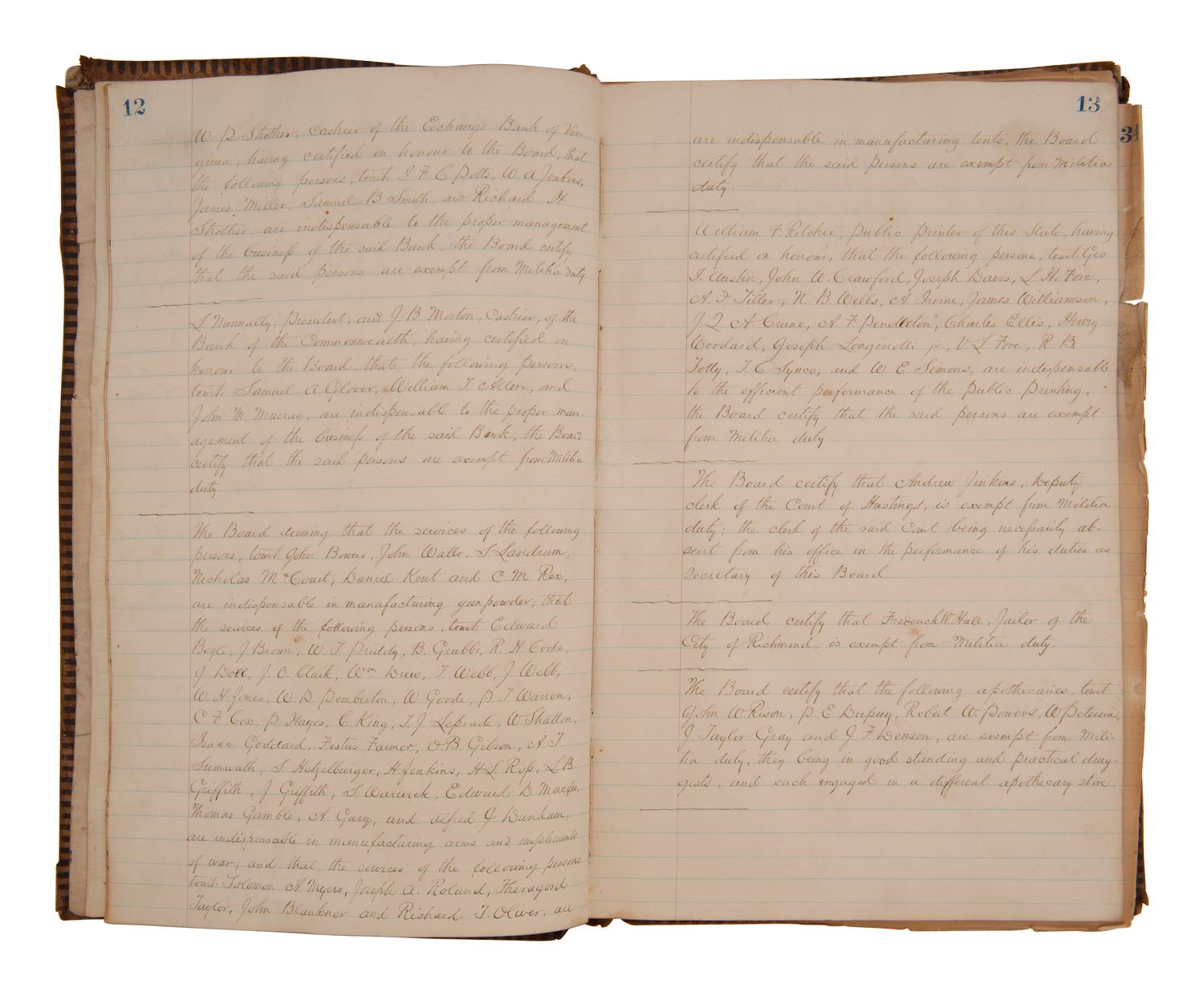[CIVIL WAR - CONFEDERATE]. Ledger book containing records of military service exemptions and enlistments, Richmond, Virginia, 13-25 March 1862.