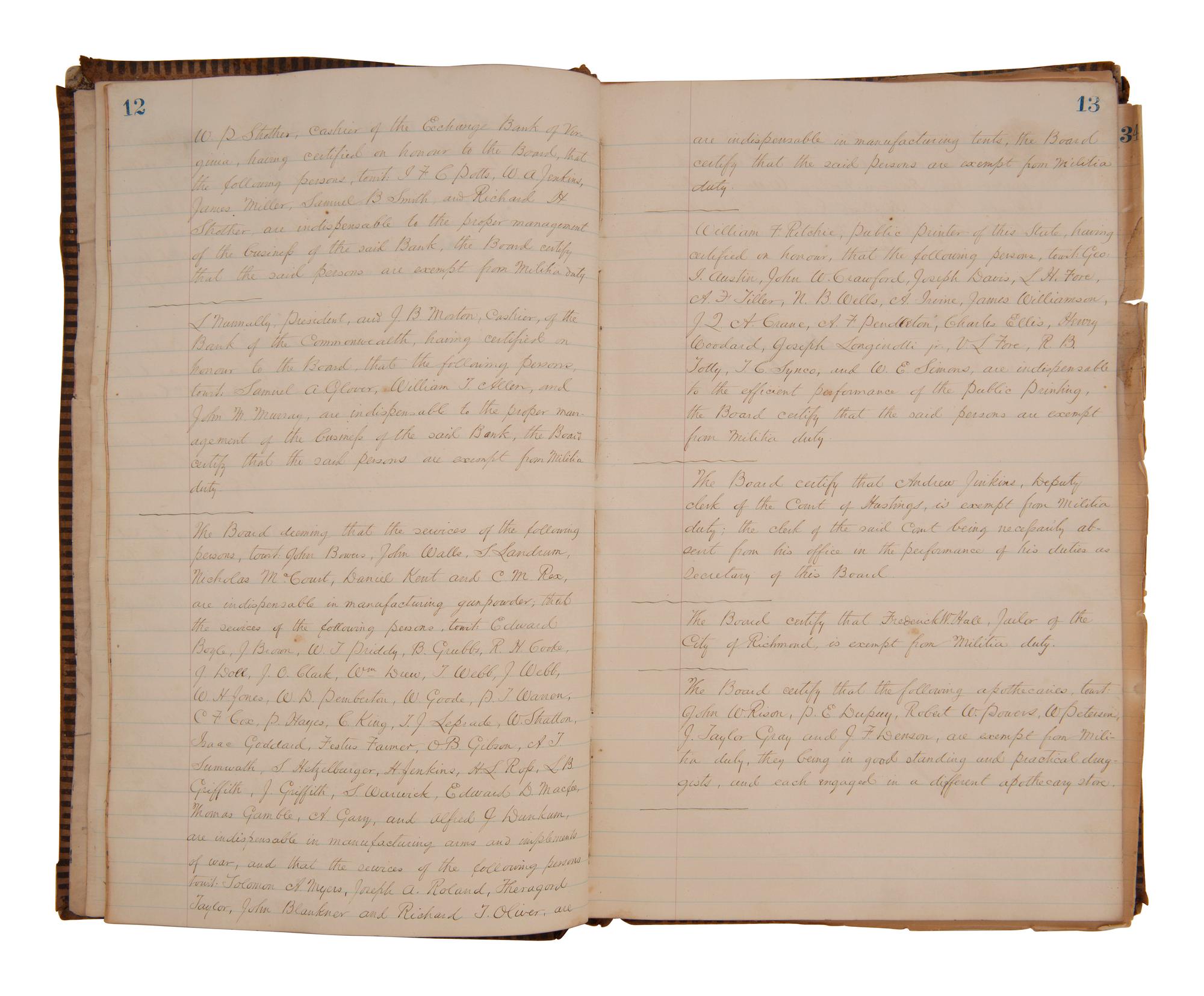 [CIVIL WAR - CONFEDERATE]. Ledger book containing records of military service exemptions and enlistments, Richmond, Virginia, 13-25 March 1862.