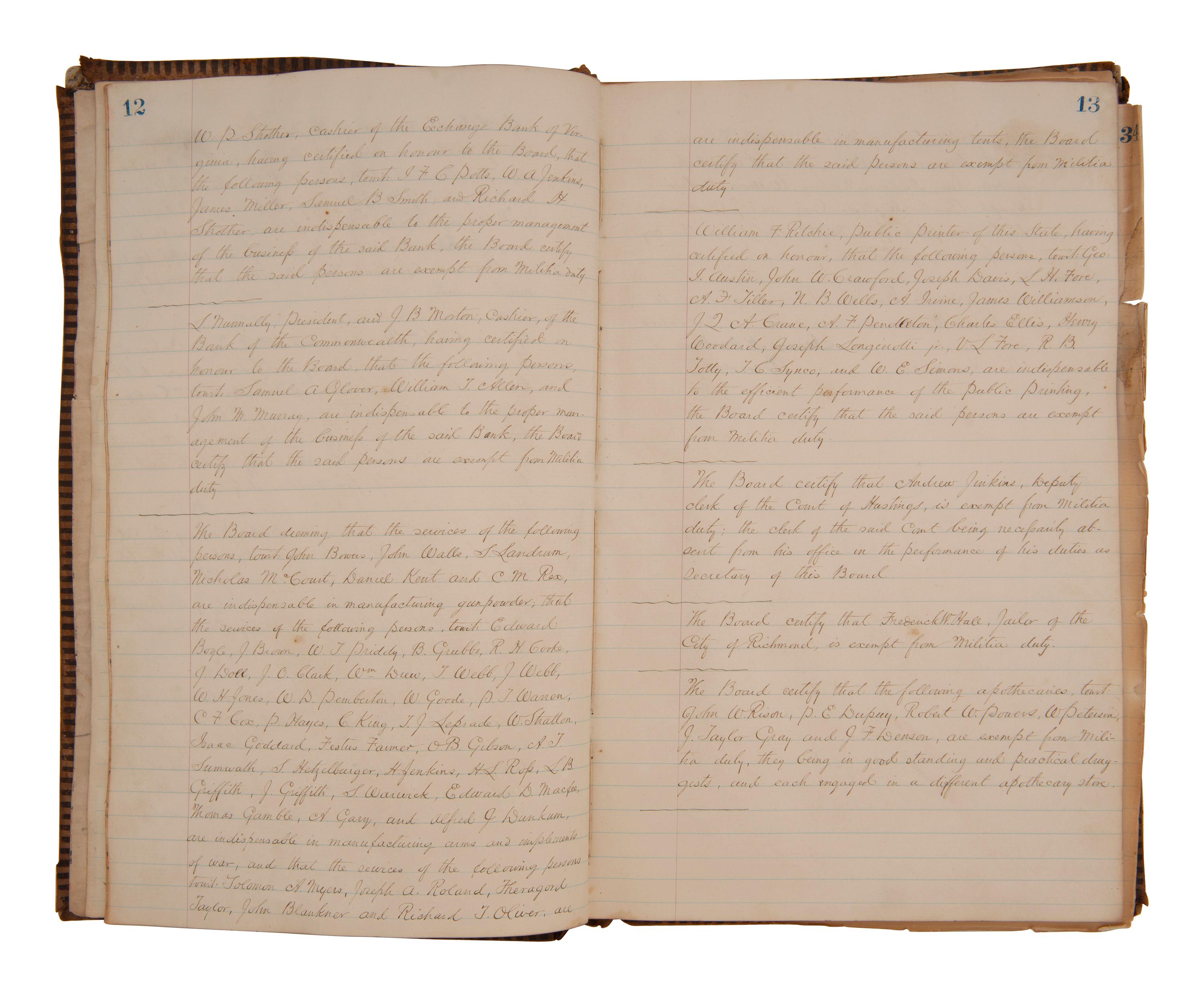 [CIVIL WAR - CONFEDERATE]. Ledger book containing records of military service exemptions and enlistments, Richmond, Virginia, 13-25 March 1862.