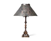 A Large Renaissance Revival Bronze Table Lamp with Stained Glass Shade