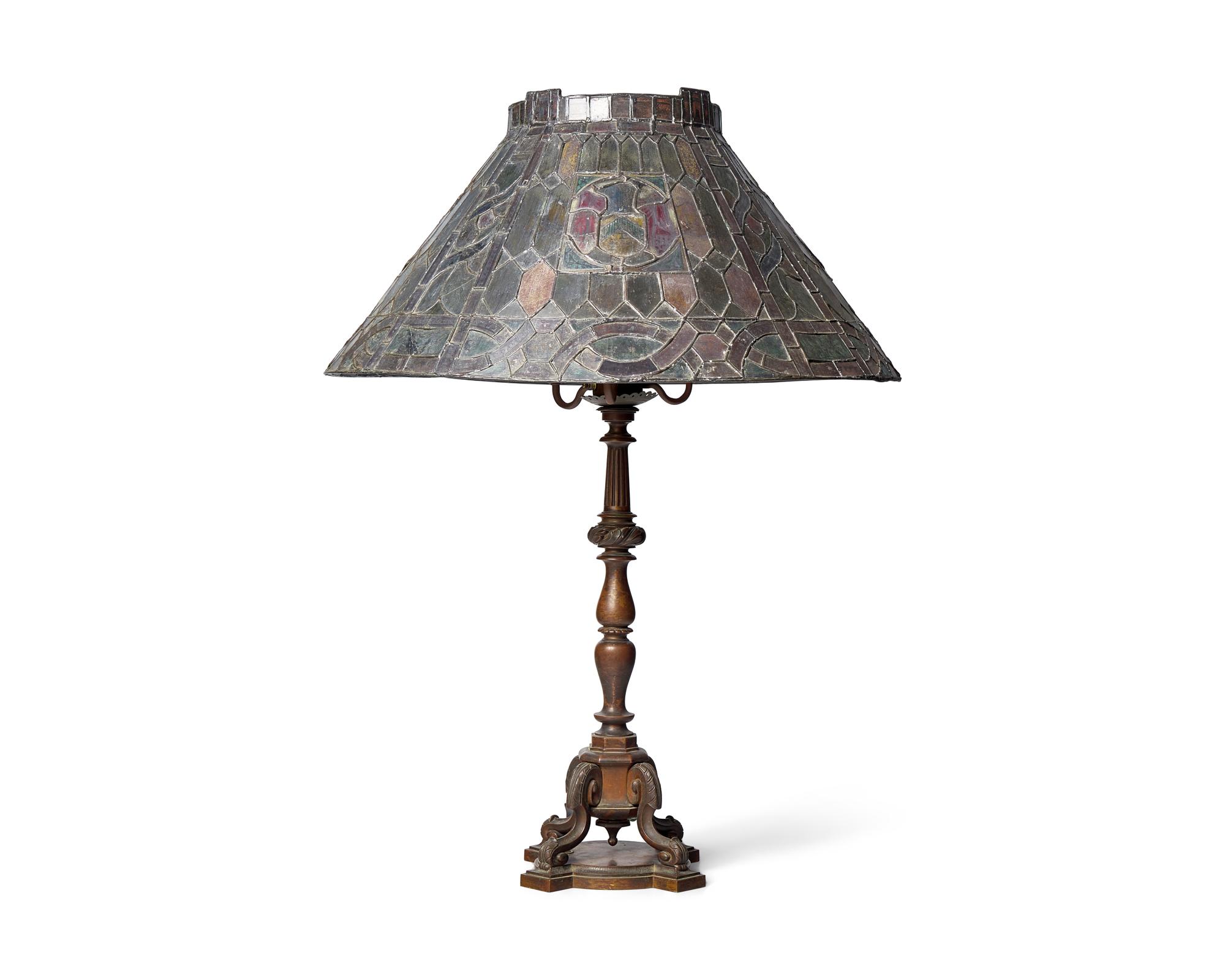 A Large Renaissance Revival Bronze Table Lamp with Stained Glass Shade