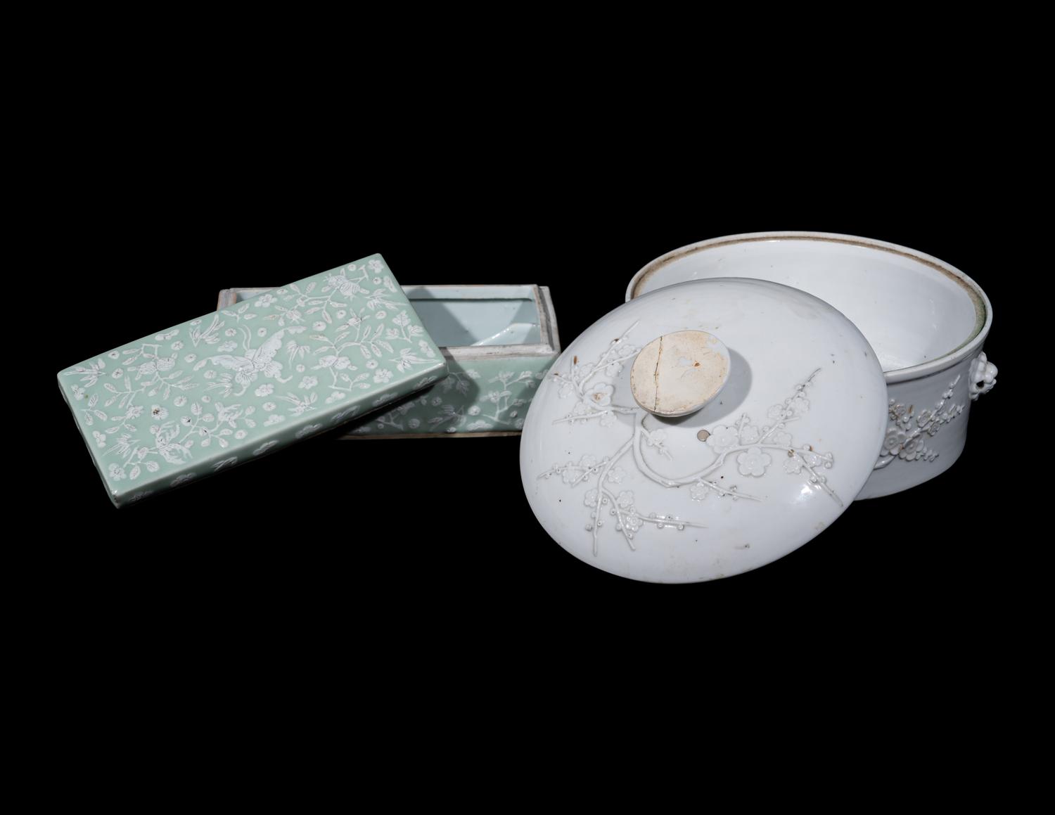 Two Chinese Carved Porcelain Covered Boxes