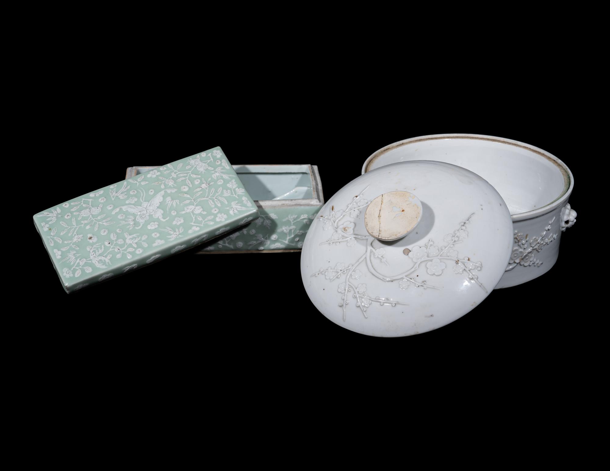 Two Chinese Carved Porcelain Covered Boxes