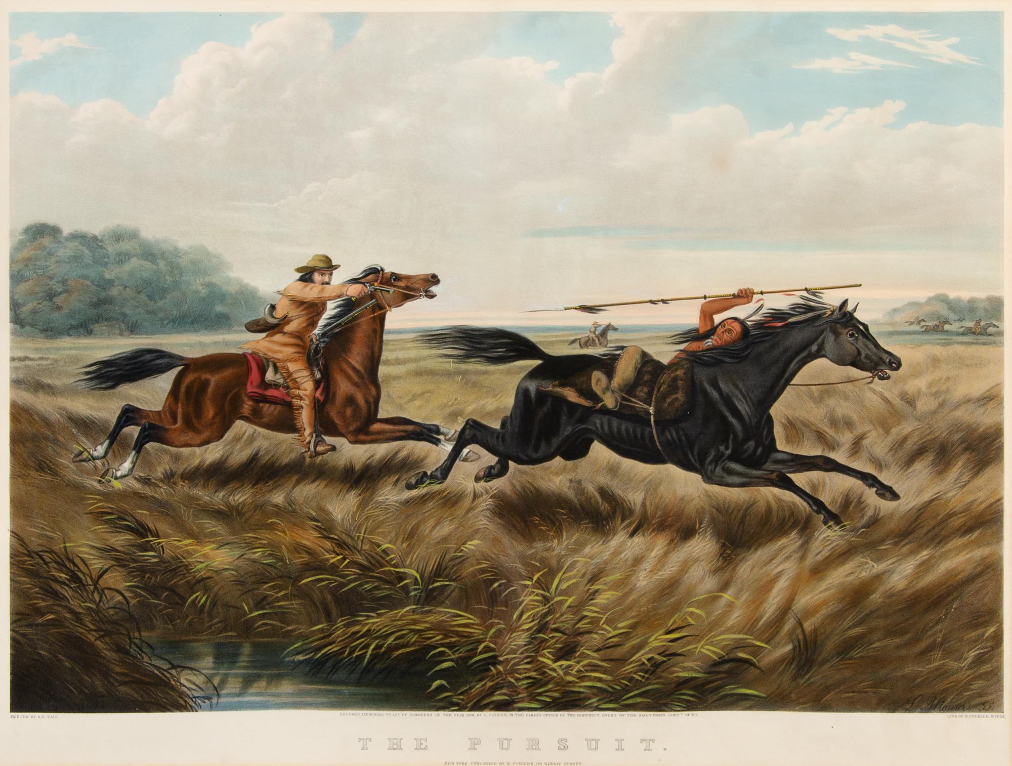 CURRIER and IVES, publishers -- After A. F. Tait. The Pursuit. Lithograph with hand-coloring heightened in gum arabic. 1856.