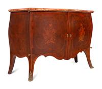 A Pair of Louis XV Style Marquetry Marble-Top Bombé Cabinets
