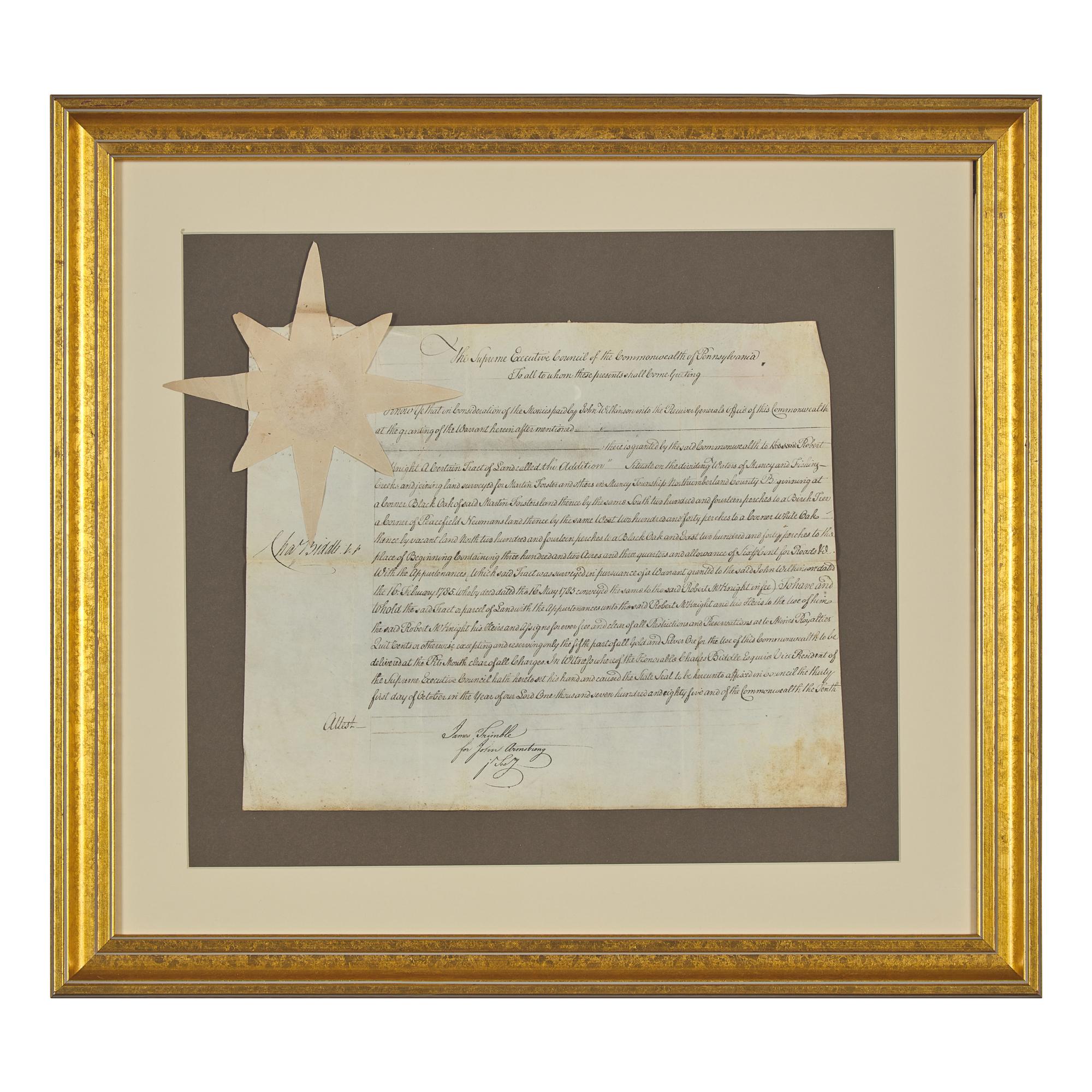 [Americana] Biddle, Charles. Signed land indenture
