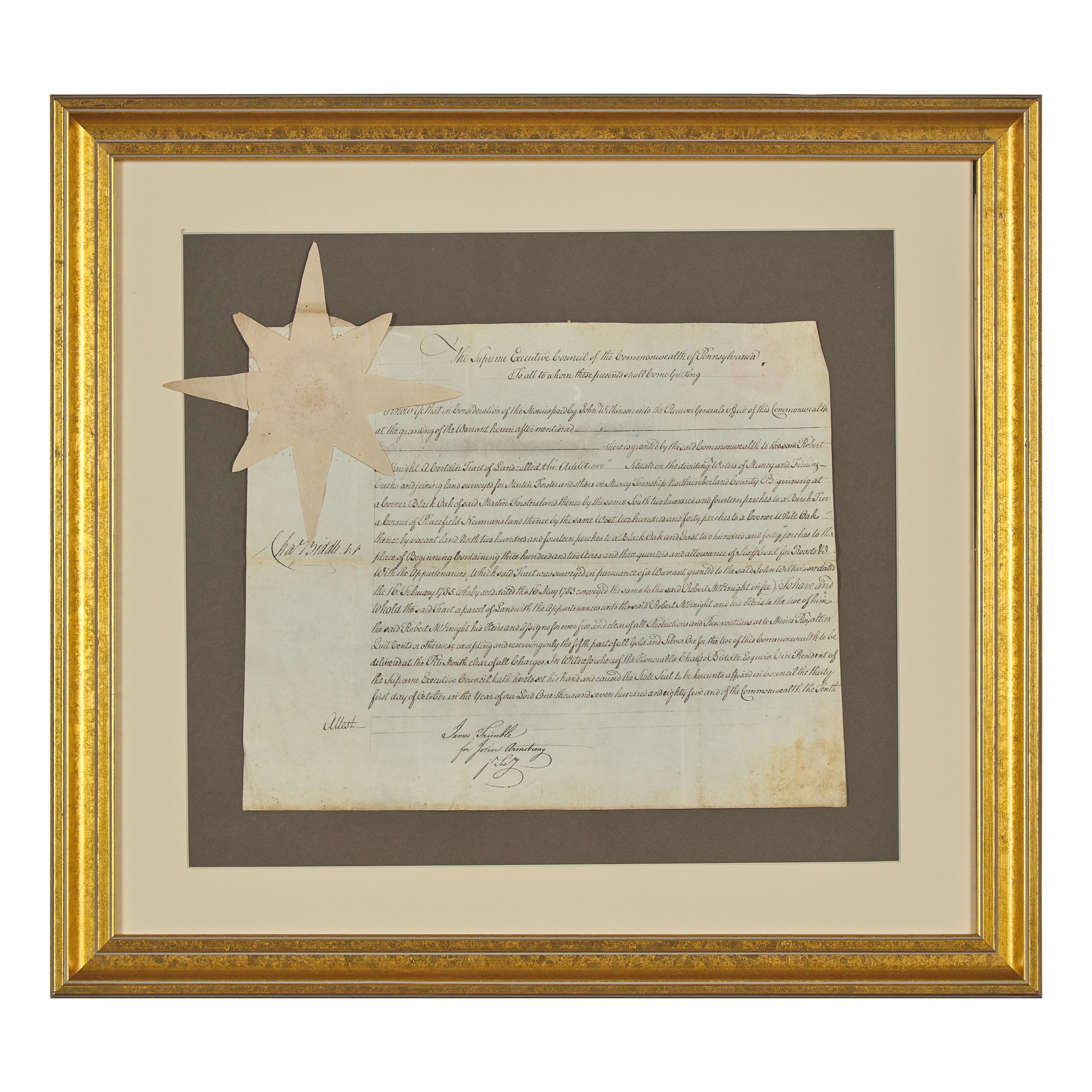 [Americana] Biddle, Charles. Signed land indenture
