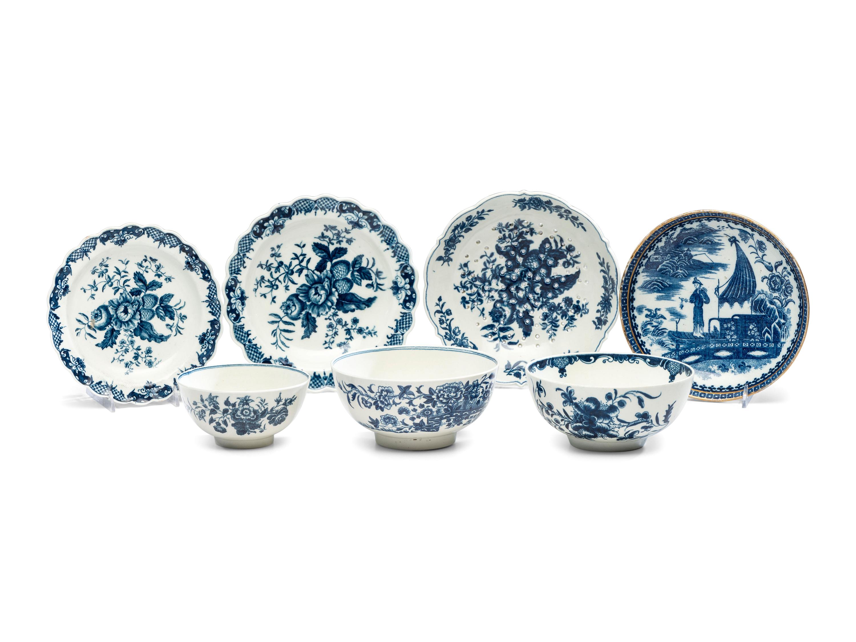 An Assembled Collection of Dr. Wall Period Worcester Cobalt Decorated Porcelain Table Articles