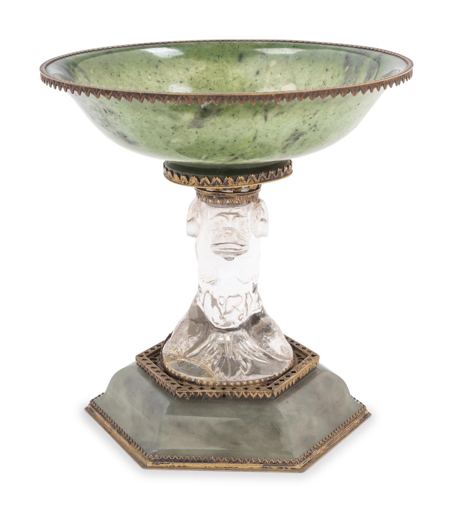 A Renaissance Revival Glass, Gilt Metal and Green Hardstone Footed Bowl