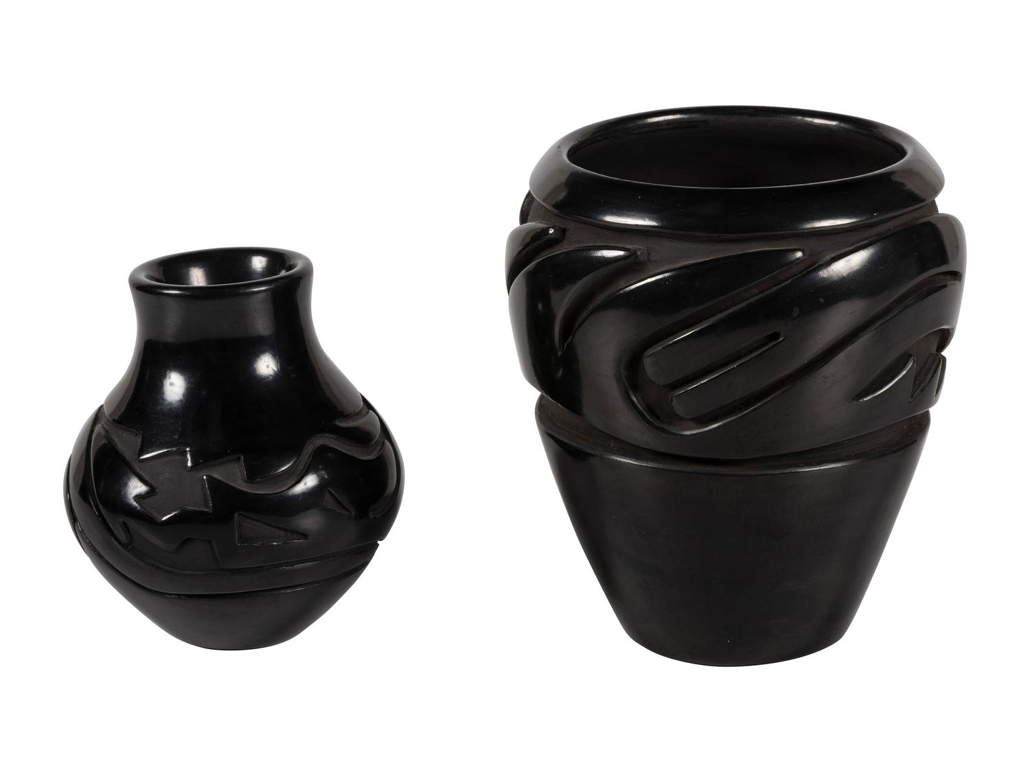 Pair of Carved Blackware Pottery Jars, with Avanyu