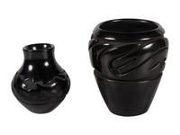 Pair of Carved Blackware Pottery Jars, with Avanyu