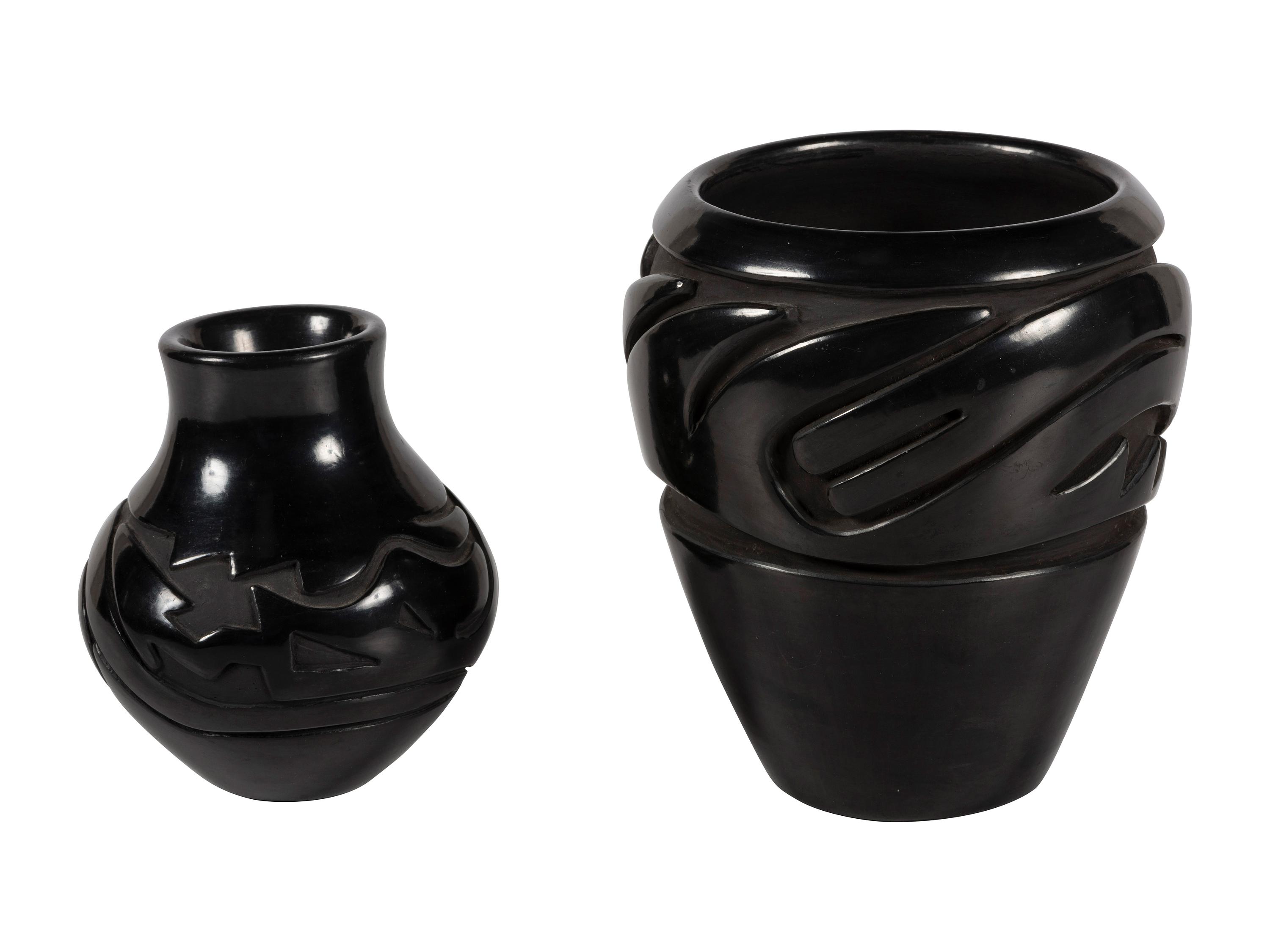 Pair of Carved Blackware Pottery Jars, with Avanyu
