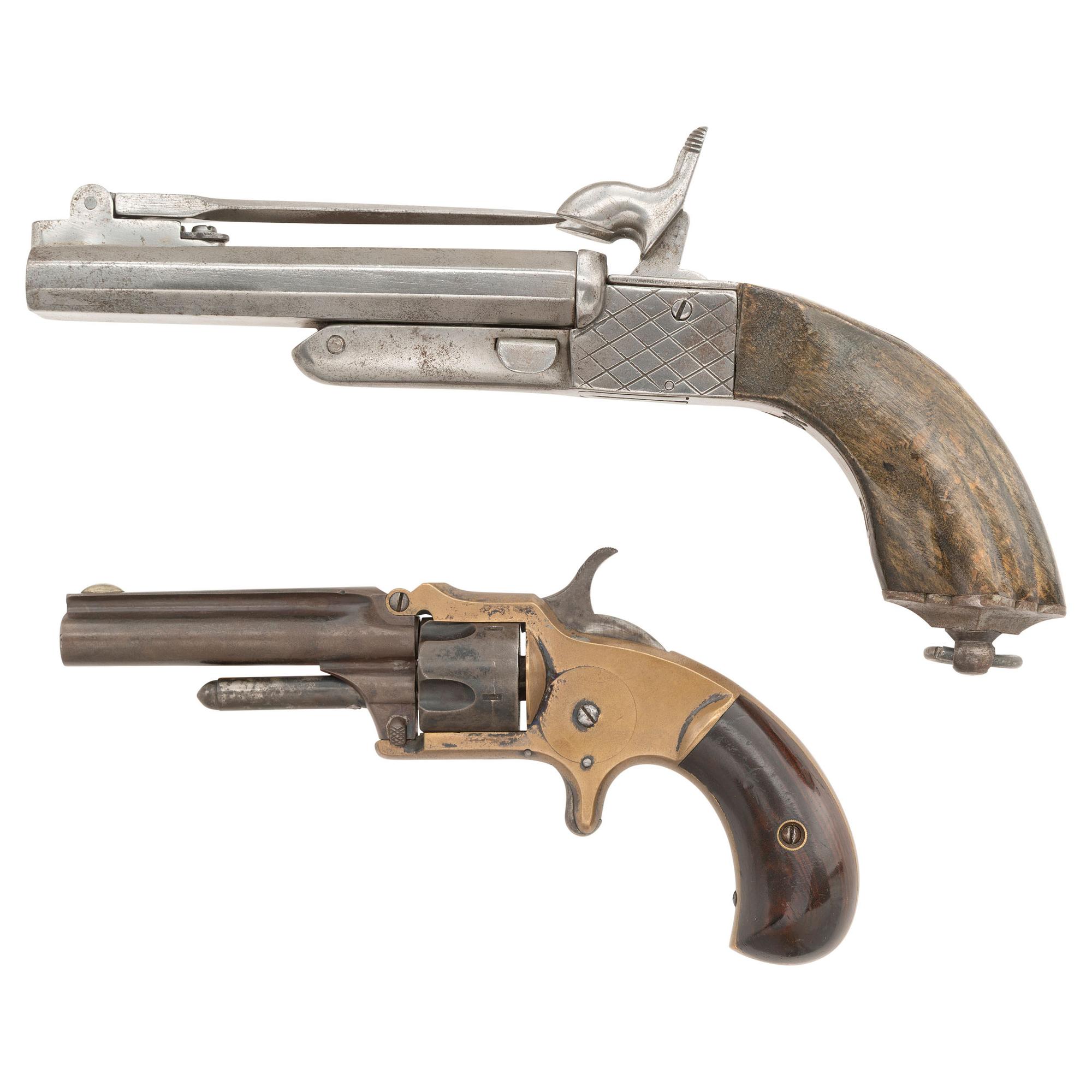 Two Antique Pistols: Unmarked Brass Frame Tip-Up Revolver and Double Barrel Pin Fire Pistol with Folding Bayonet