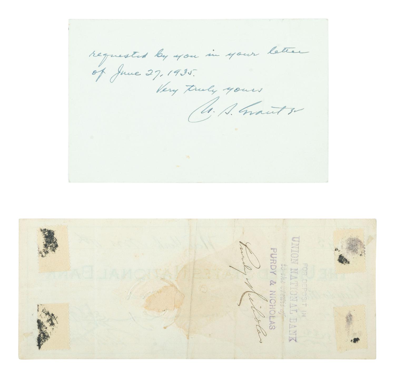 GRANT, Ulysses S. (1822-1885). Personal check signed ("U.S. Grant"). New York, 11 November 1881.