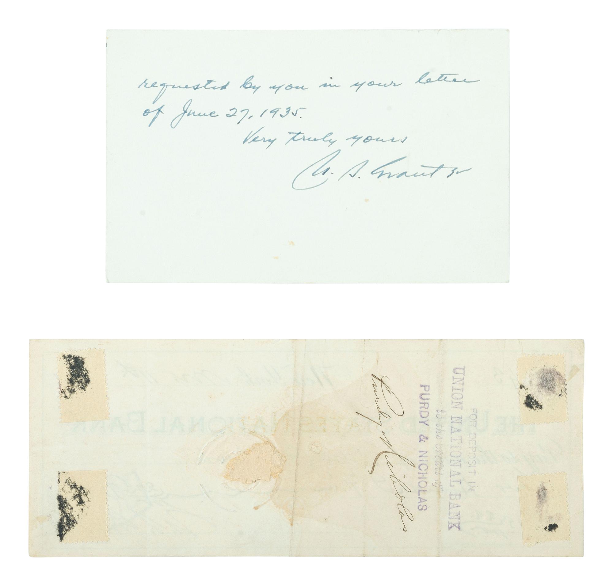 GRANT, Ulysses S. (1822-1885). Personal check signed ("U.S. Grant"). New York, 11 November 1881.