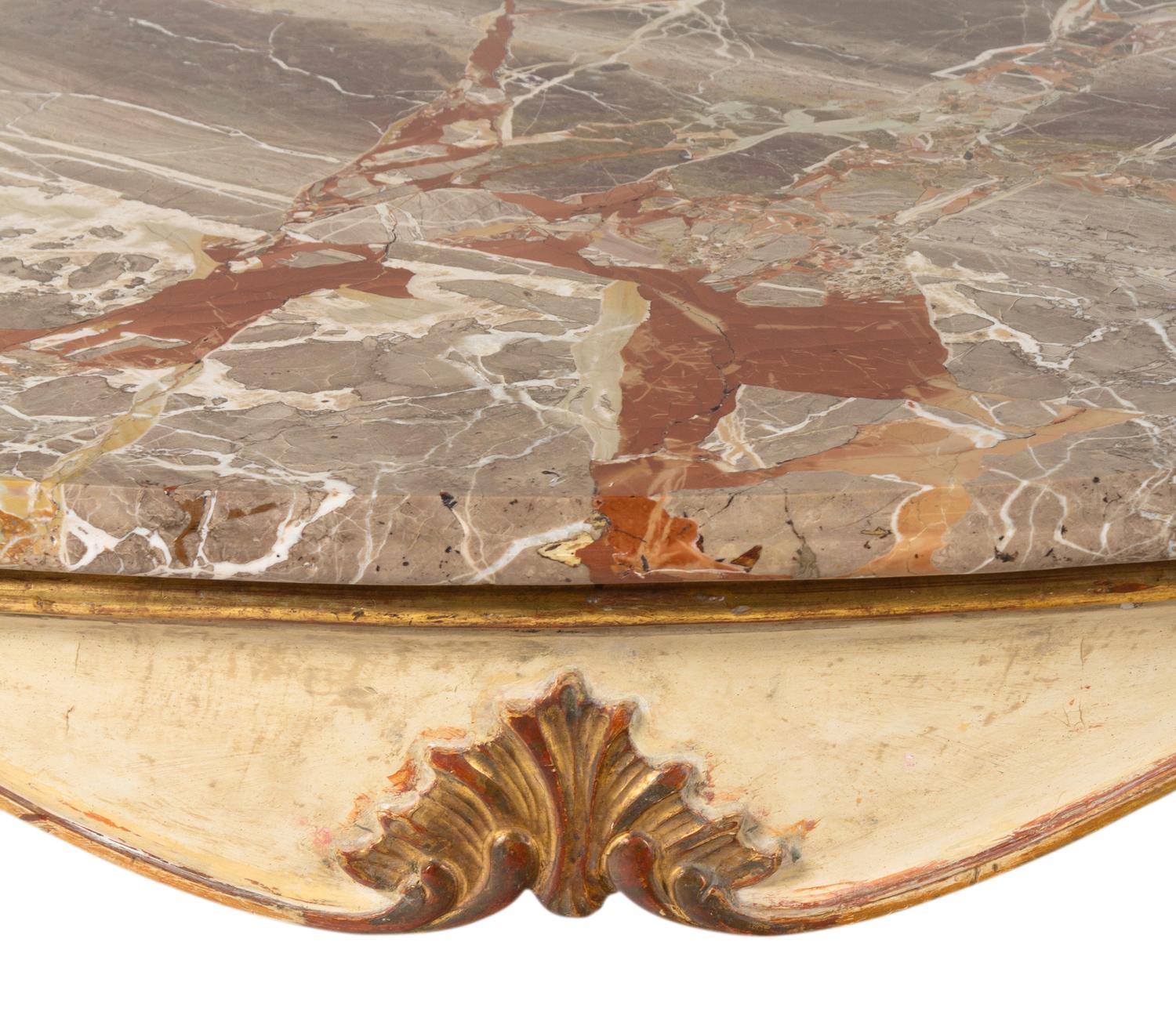 A Pair of Italian Painted and Parcel-Gilt Marble-Top Console Tables