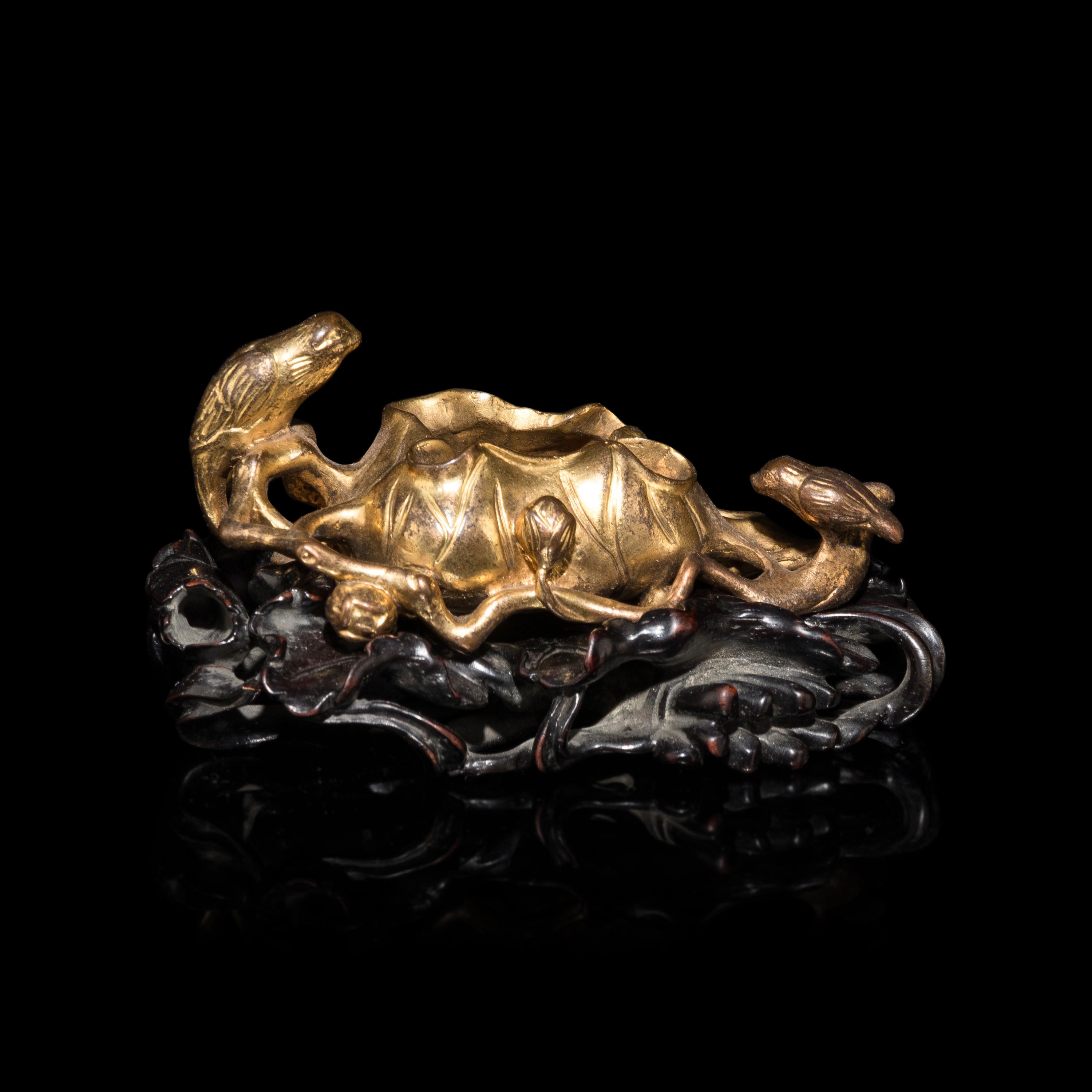 A Chinese Gilt Bronze 'Bird and Lotus' Washer 銅漆金荷葉式筆洗
