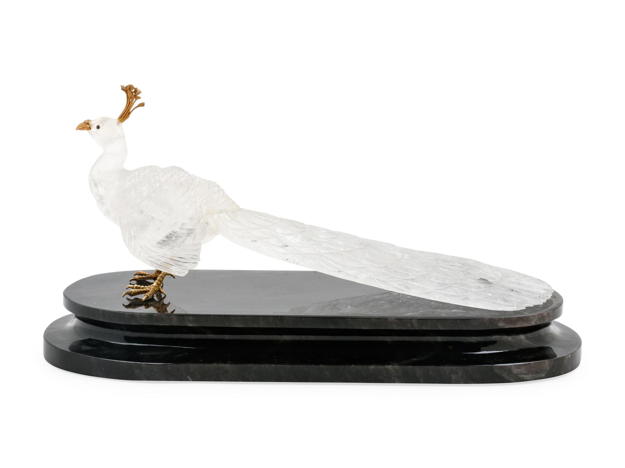 A Carved Rock Crystal Figure of a Peacock