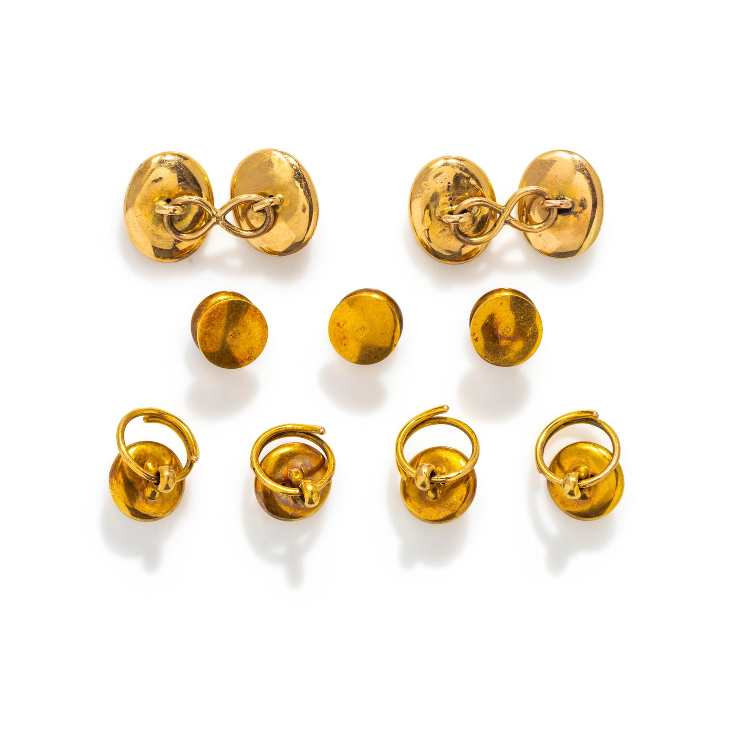 YELLOW GOLD, ENAMEL AND CULTURED PEARL DRESS SET