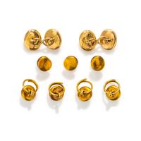 YELLOW GOLD, ENAMEL AND CULTURED PEARL DRESS SET