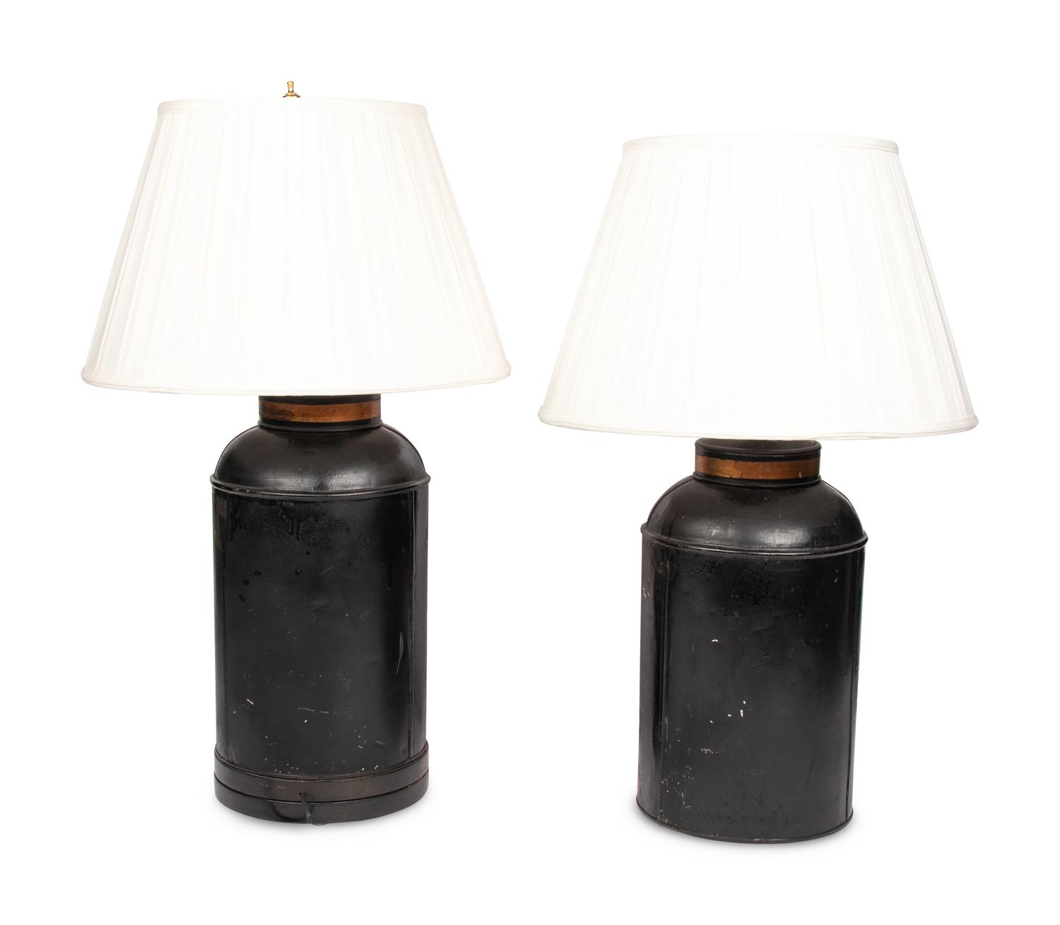 Two Chinese Tôle Peinte Tea Canisters Mounted as Lamps