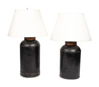 Two Chinese Tôle Peinte Tea Canisters Mounted as Lamps