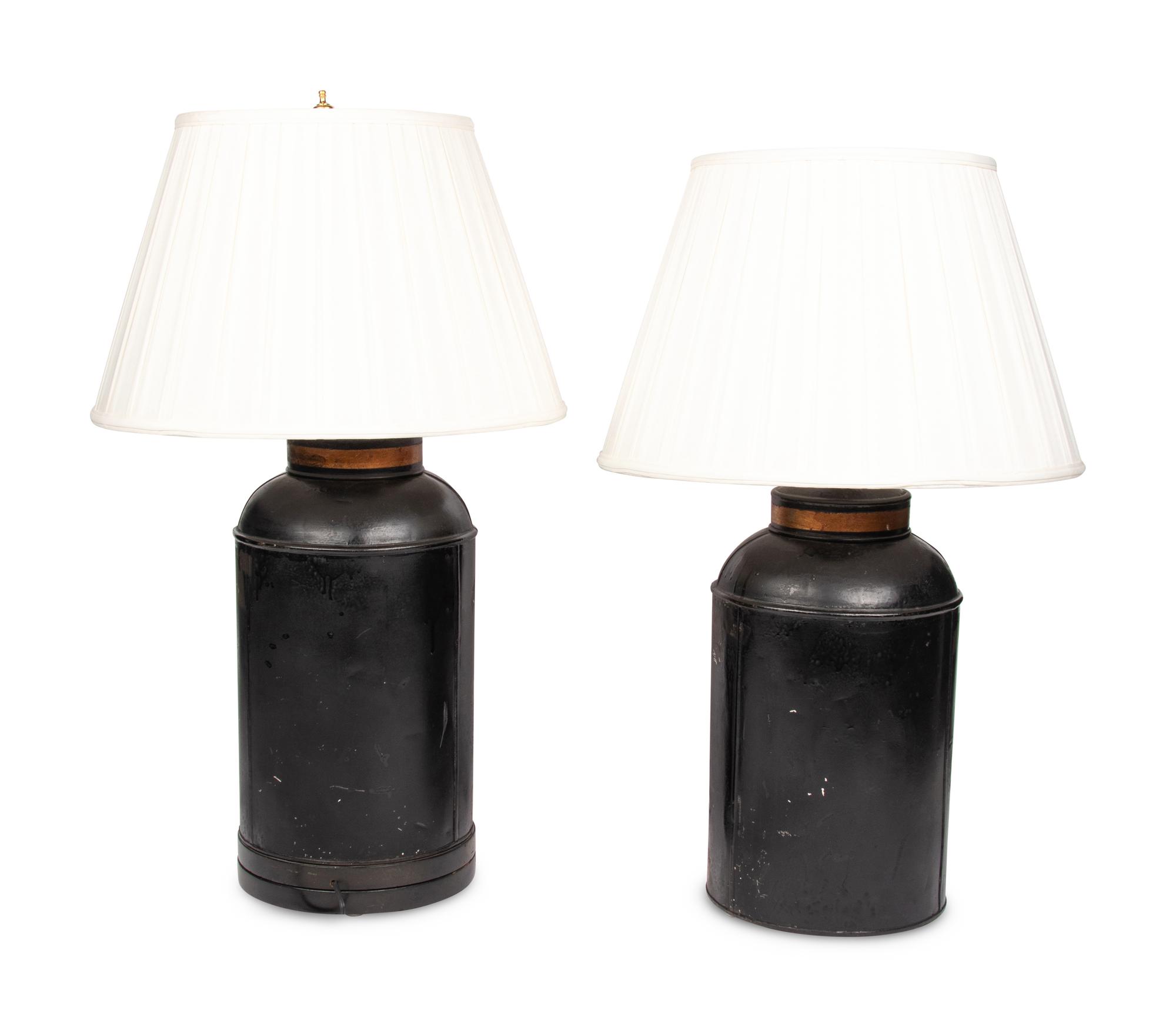 Two Chinese Tôle Peinte Tea Canisters Mounted as Lamps