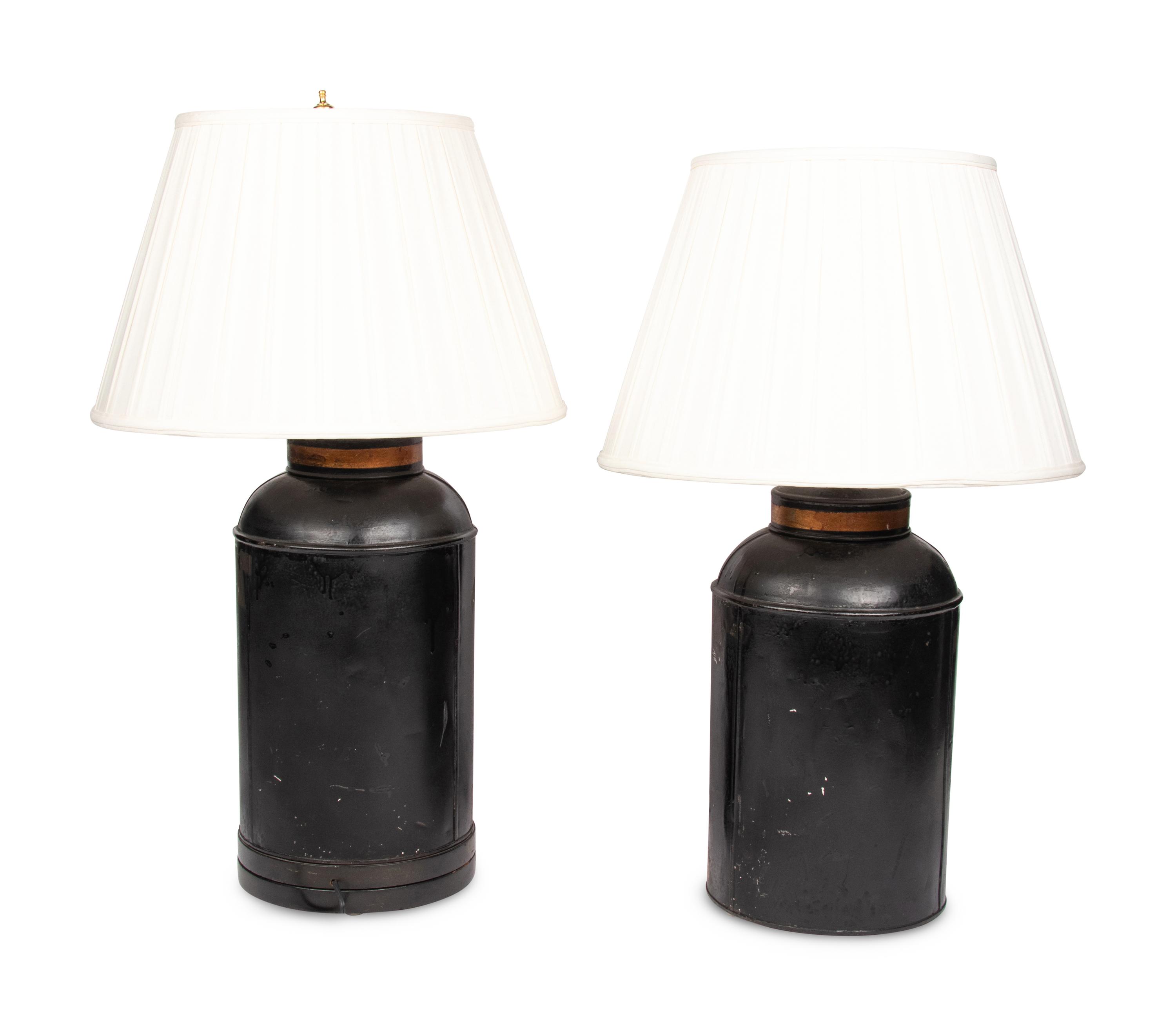 Two Chinese Tôle Peinte Tea Canisters Mounted as Lamps