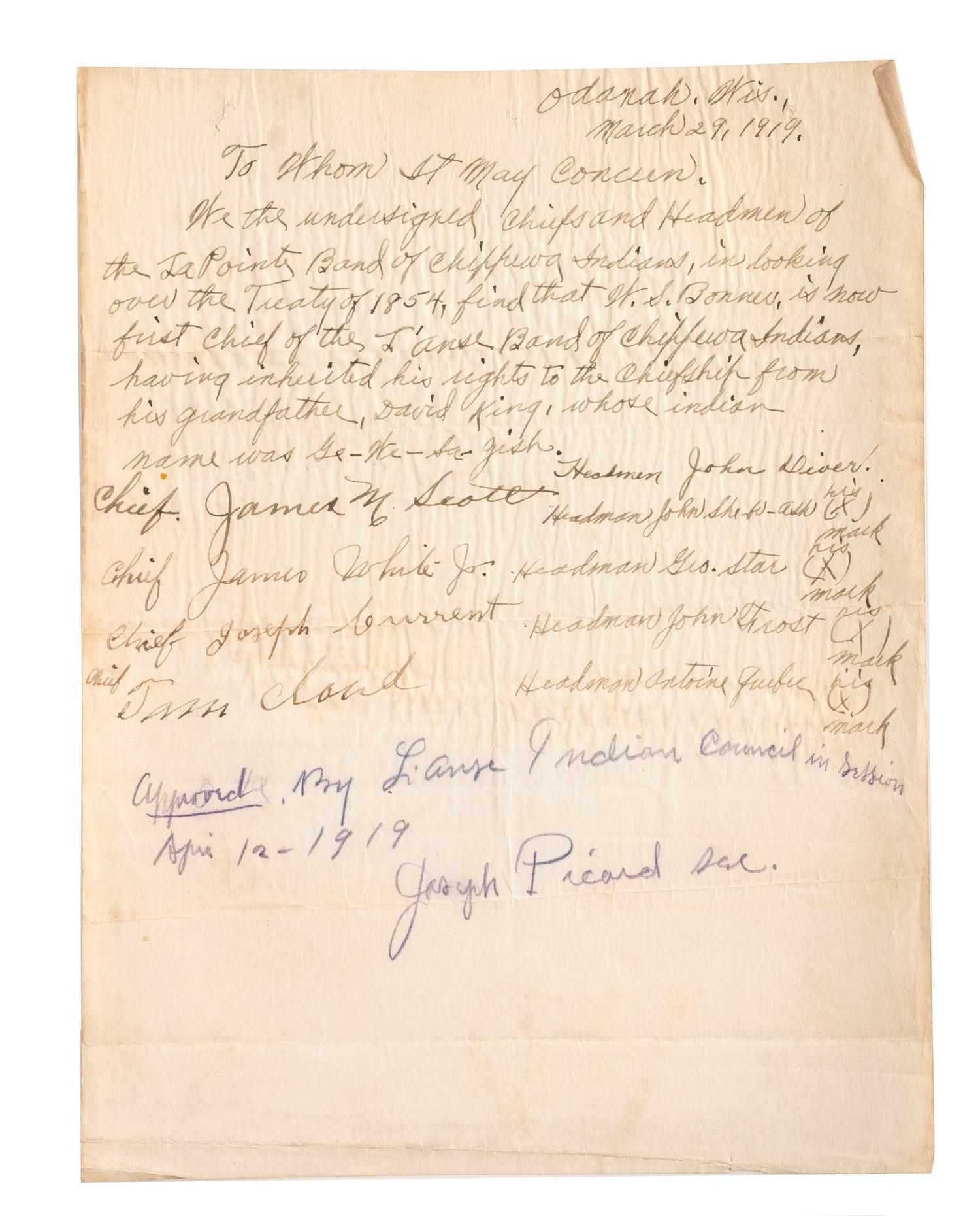 [NATIVE AMERICANS]. Archive of documents related to Lake Superior Chippewa affairs, including letters signed by Chiefs and Headmen of the La Pointe Band.