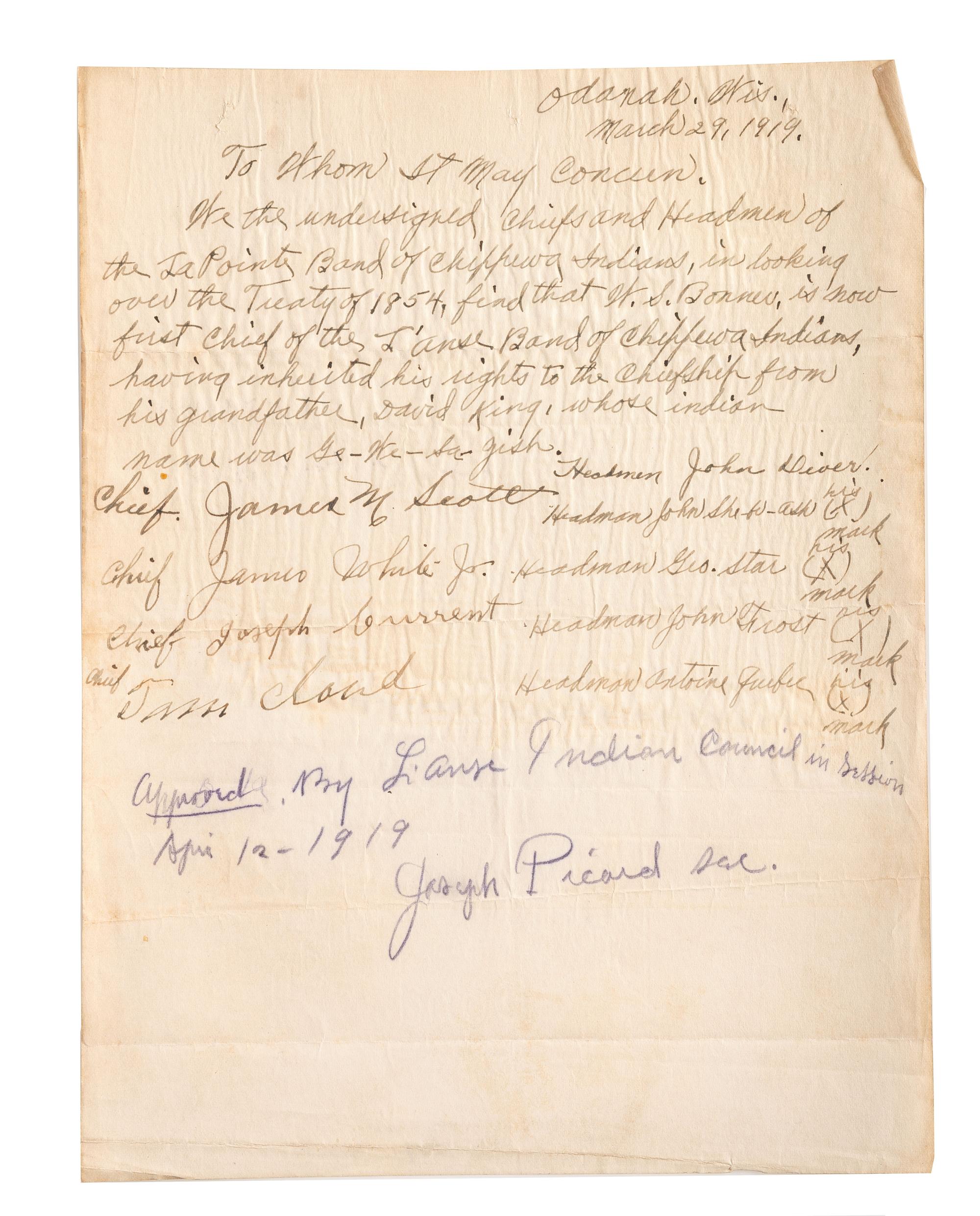 [NATIVE AMERICANS]. Archive of documents related to Lake Superior Chippewa affairs, including letters signed by Chiefs and Headmen of the La Pointe Band.