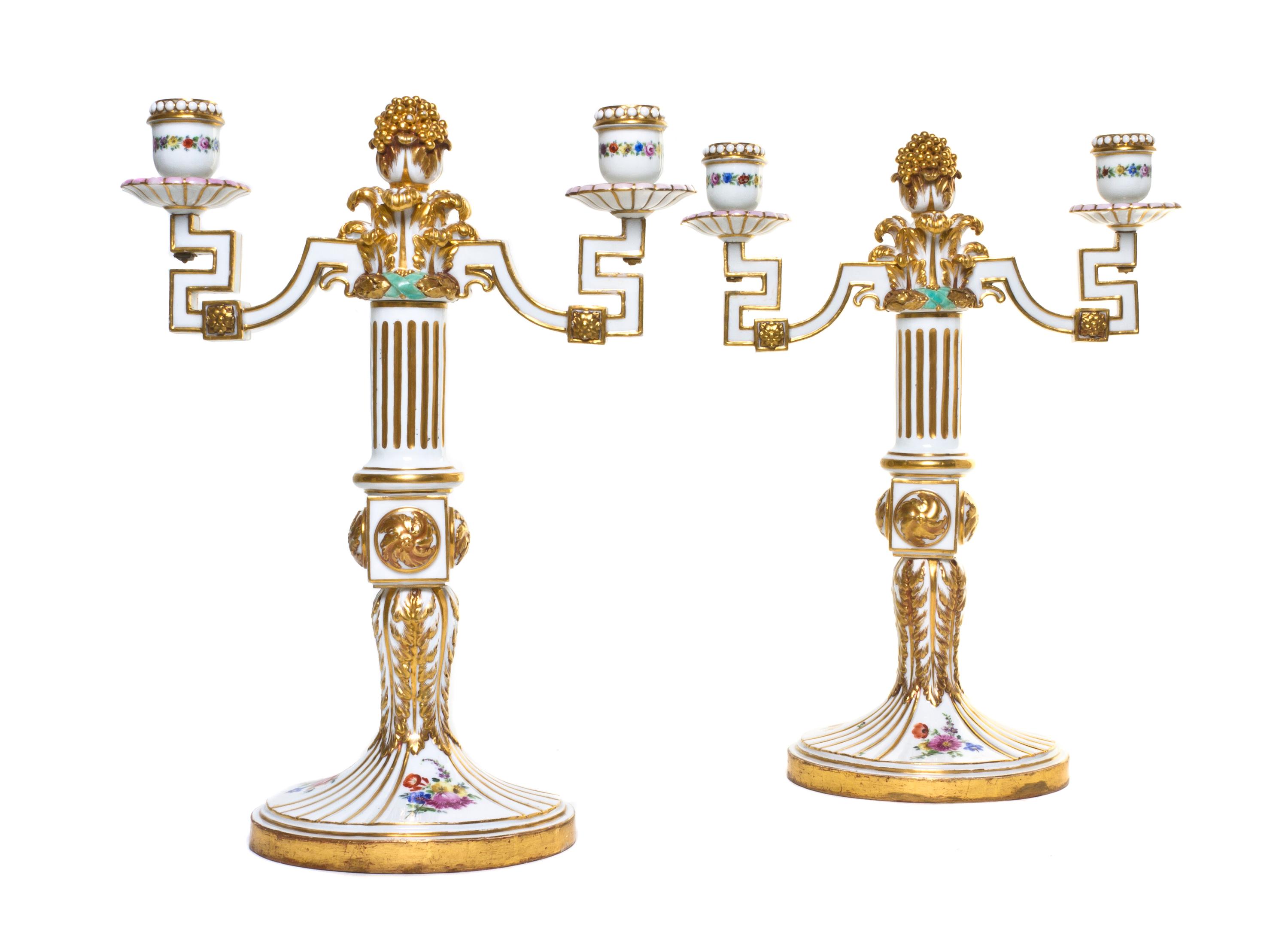 A Pair of Meissen Marcolini Period Porcelain Two-Light Candelabra, Height 13 1/4 inches.